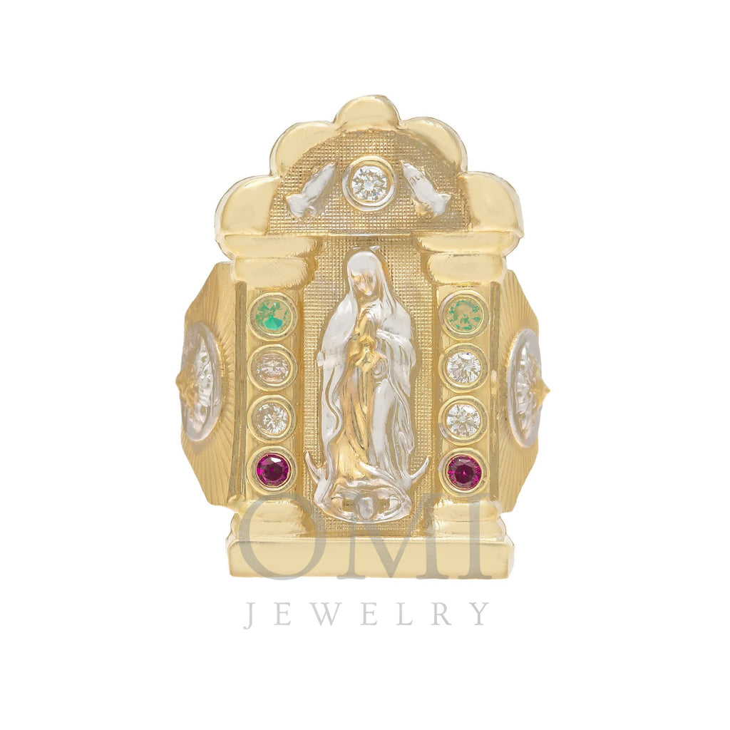 10K GOLD DIAMOND AND GEMSTONE LADY GUADALUPE VIRGIN MARY RING 7.6G