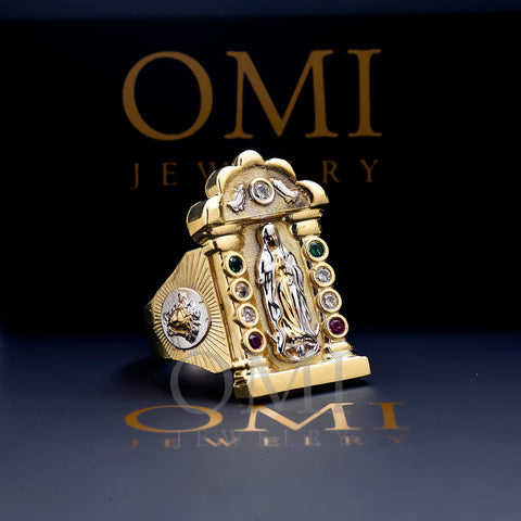 10K GOLD DIAMOND AND GEMSTONE LADY GUADALUPE VIRGIN MARY RING 7.6G