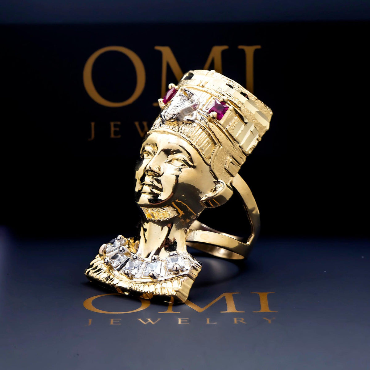 10K GOLD DIAMOND AND GEMSTONE EGYPTIAN QUEEN NEFERTITI RING 9.2G