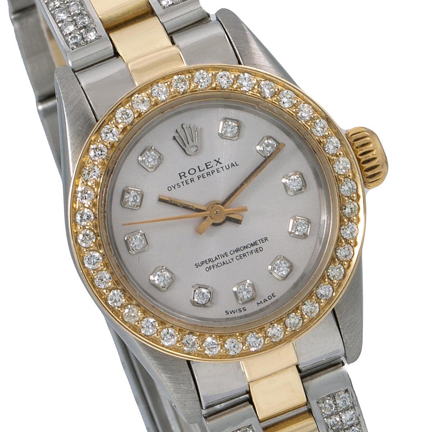 Rolex Oyster Perpetual 26MM 6719 Silver Diamond Dial Diamond Bezel Two Tone Yellow Gold Semi Diamond Oyster Bracelet 2.25ct