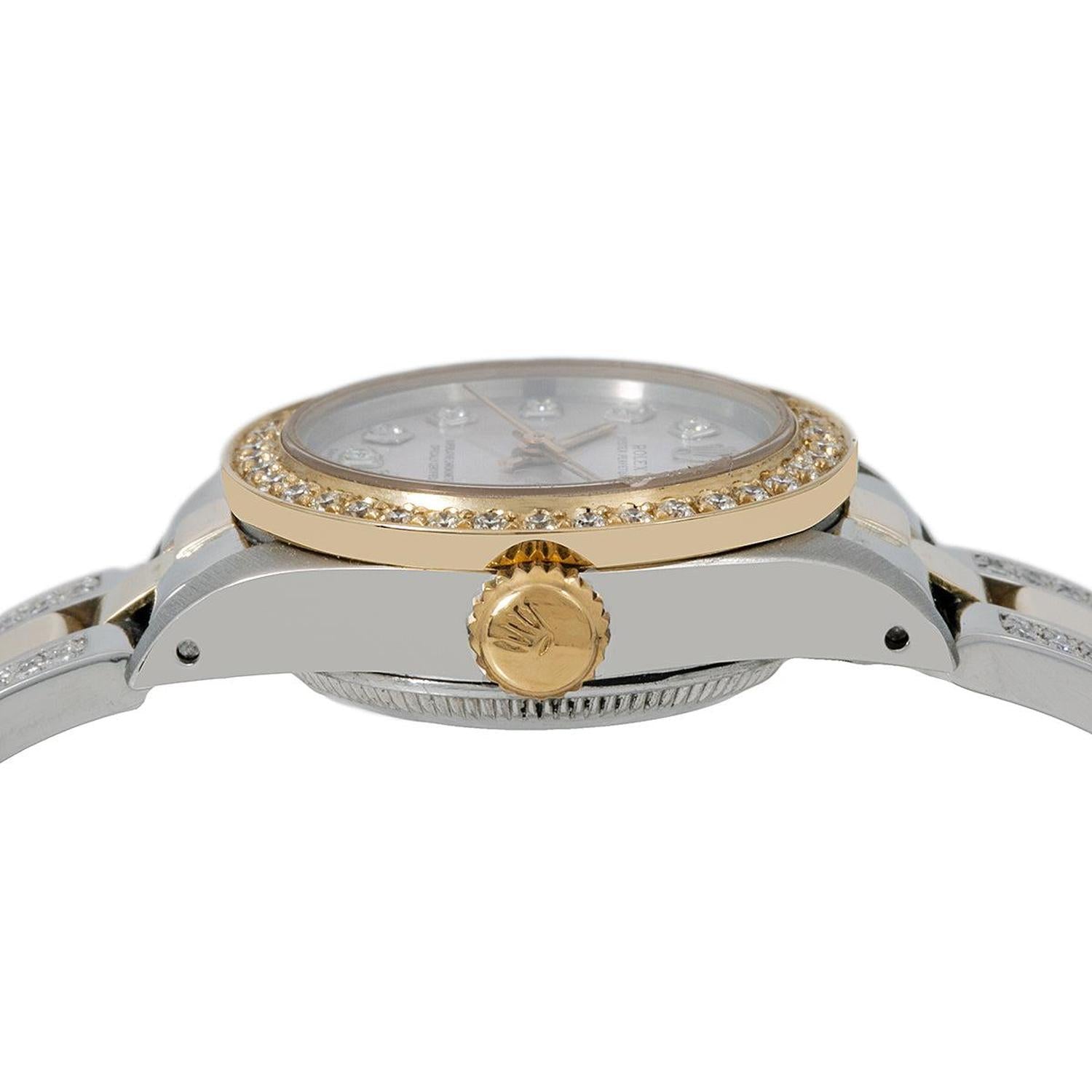 Rolex Oyster Perpetual 26MM 6719 Silver Diamond Dial Diamond Bezel Two Tone Yellow Gold Semi Diamond Oyster Bracelet 2.25ct