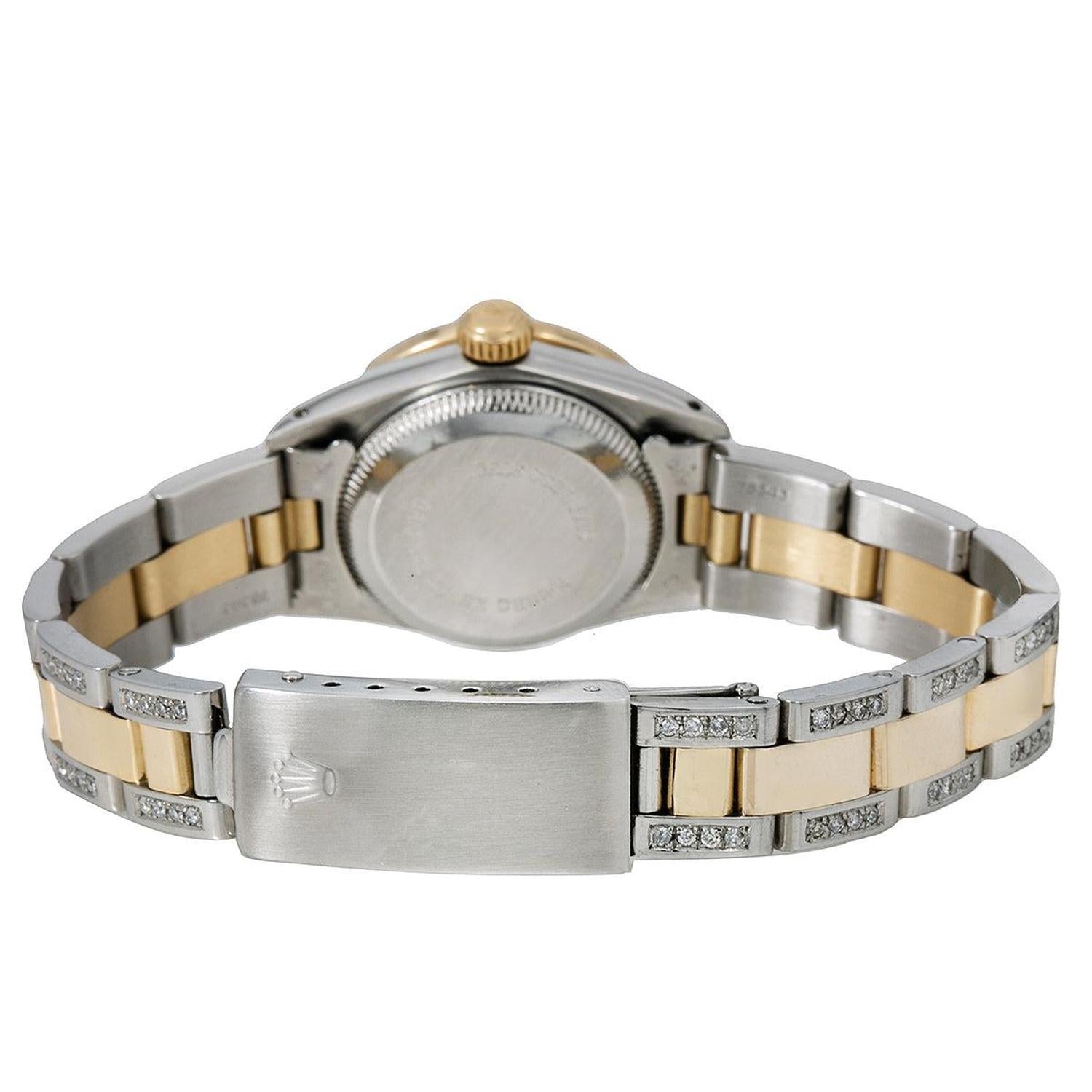 Rolex Oyster Perpetual 26MM 6719 Silver Diamond Dial Diamond Bezel Two Tone Yellow Gold Semi Diamond Oyster Bracelet 2.25ct