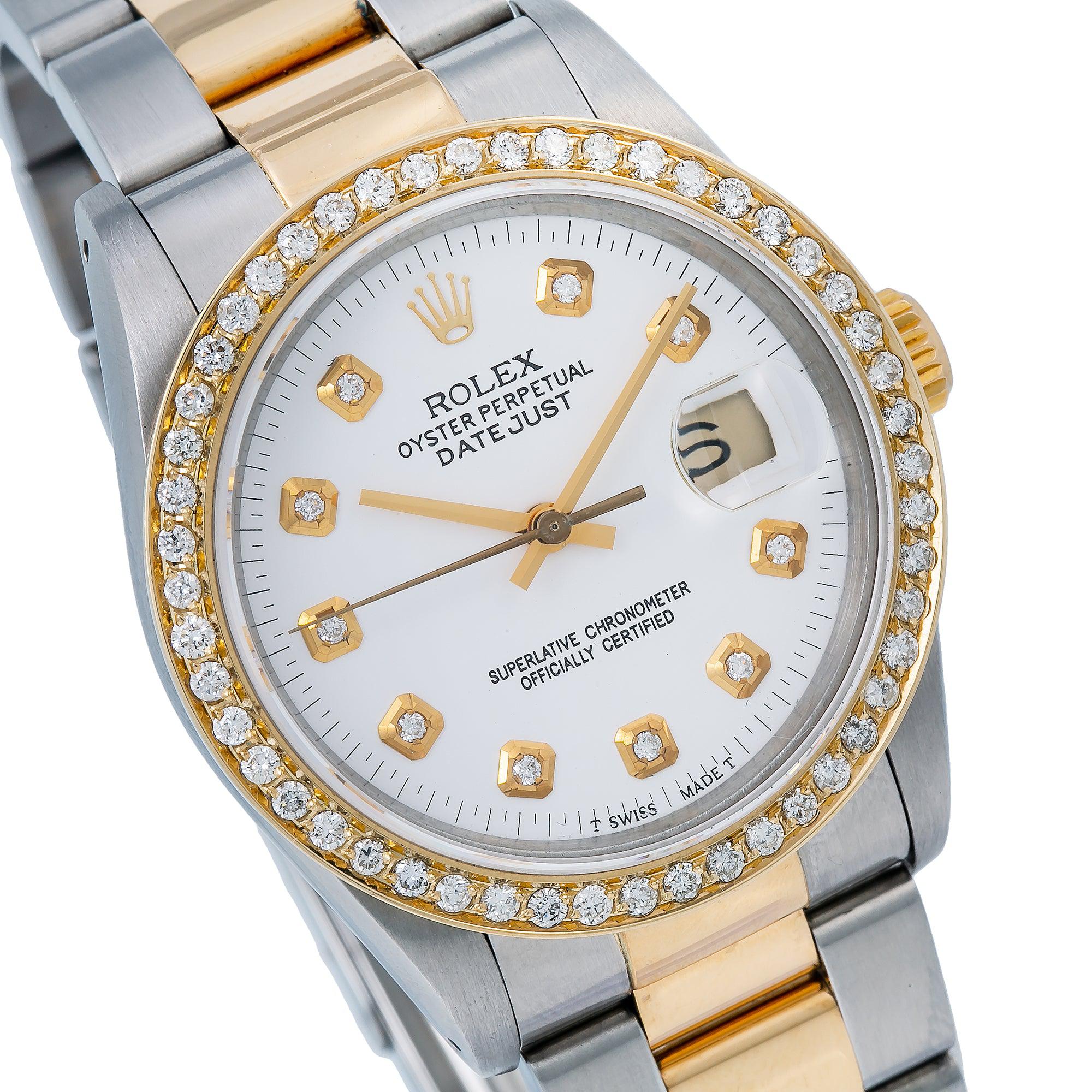 Rolex Datejust 36MM 16013 White Diamond Dial Diamond Bezel Two Tone Yellow Gold Oyster Bracelet