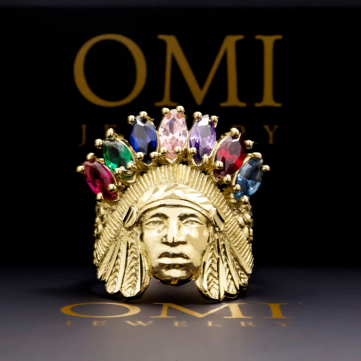 10K GOLD GEMSTONE NATIVE AMERICAN TRIBAL HEAD RING 7.3G