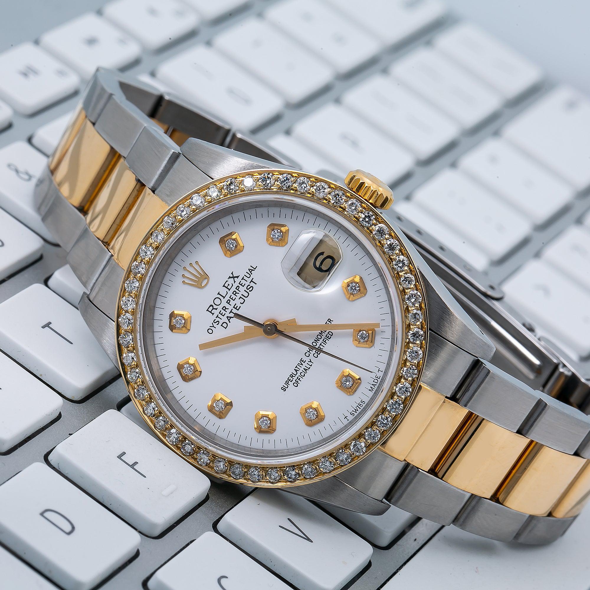 Rolex Datejust 36MM 16013 White Diamond Dial Diamond Bezel Two Tone Yellow Gold Oyster Bracelet
