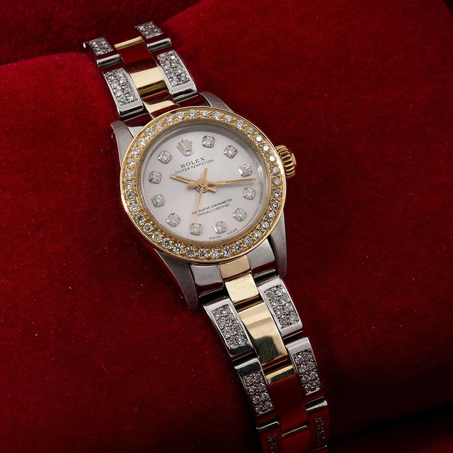 Rolex Oyster Perpetual 26MM 6719 Silver Diamond Dial Diamond Bezel Two Tone Yellow Gold Semi Diamond Oyster Bracelet 2.25ct