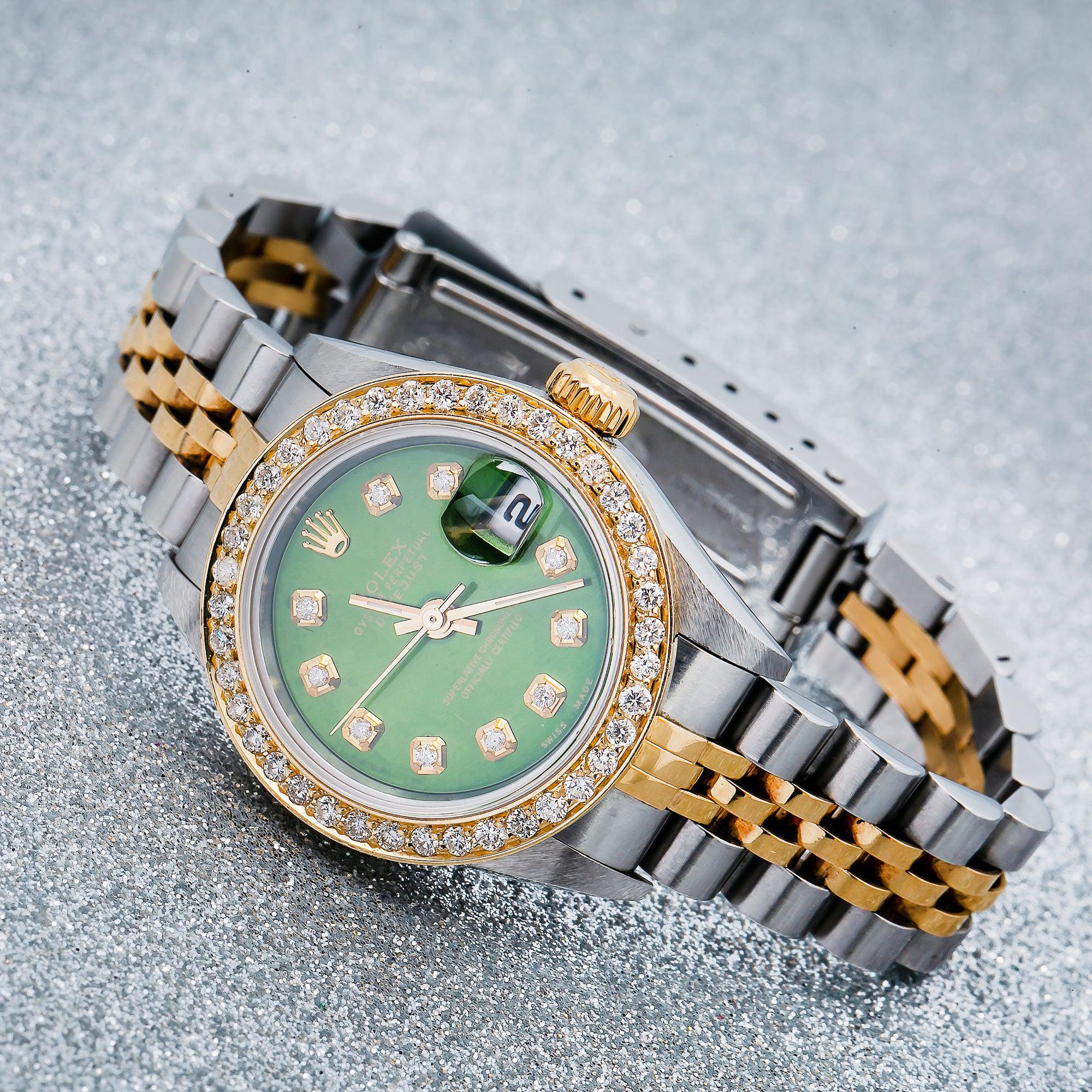 Rolex Datejust 26MM 6917 Green Diamond Dial Diamond Bezel Two Tone Jubilee Bracelet
