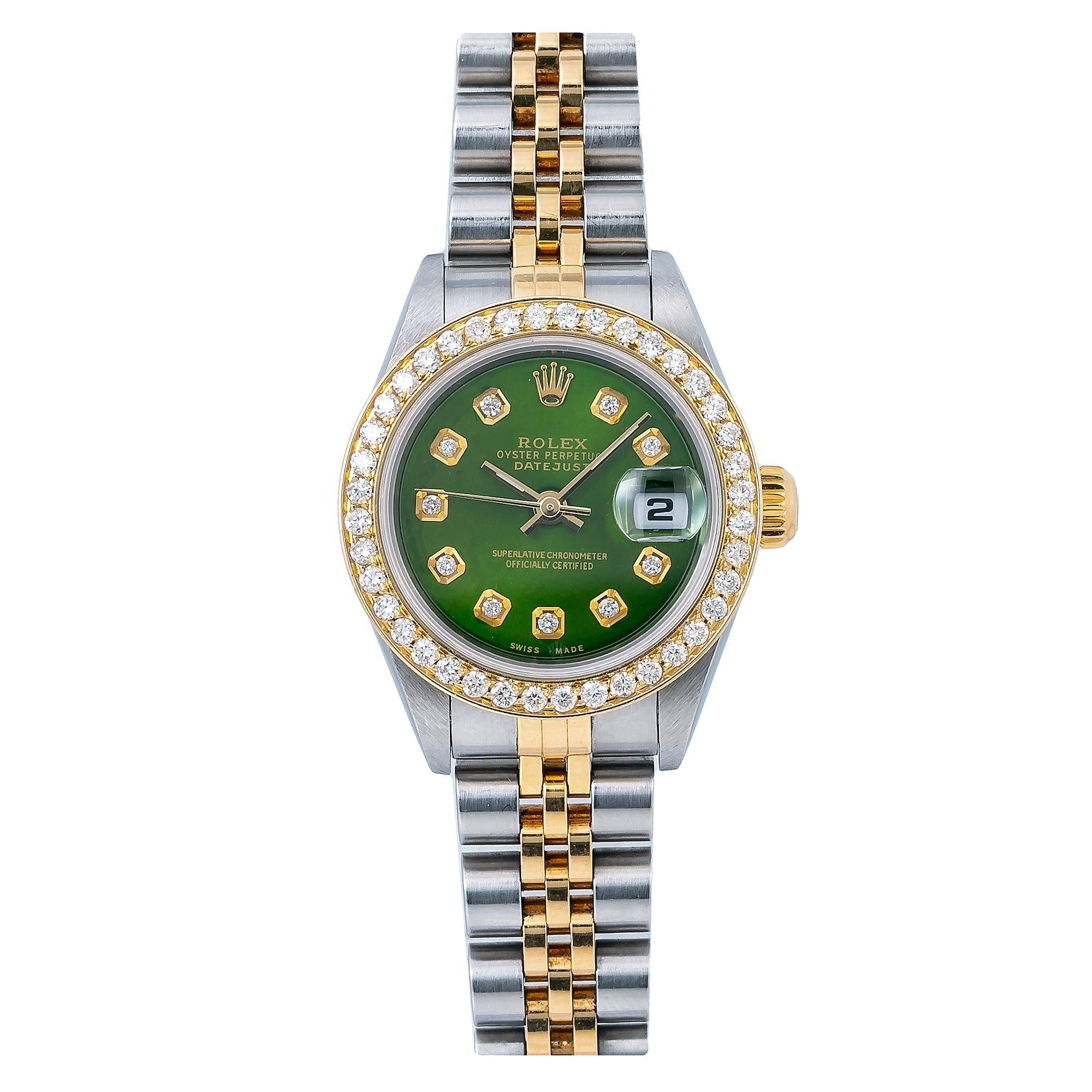 Rolex Datejust 26MM 6917 Green Diamond Dial Diamond Bezel Two Tone Jubilee Bracelet