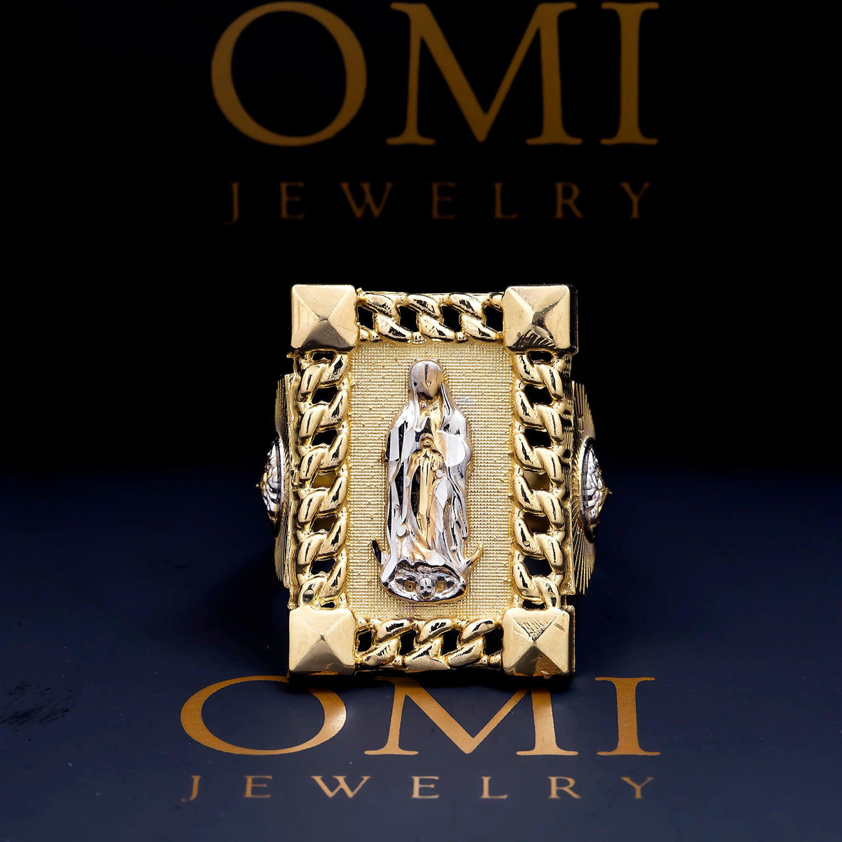 10K GOLD TWO TONE MOTHER MARY CUBAN LINK RECTANGLE RING 7.0G