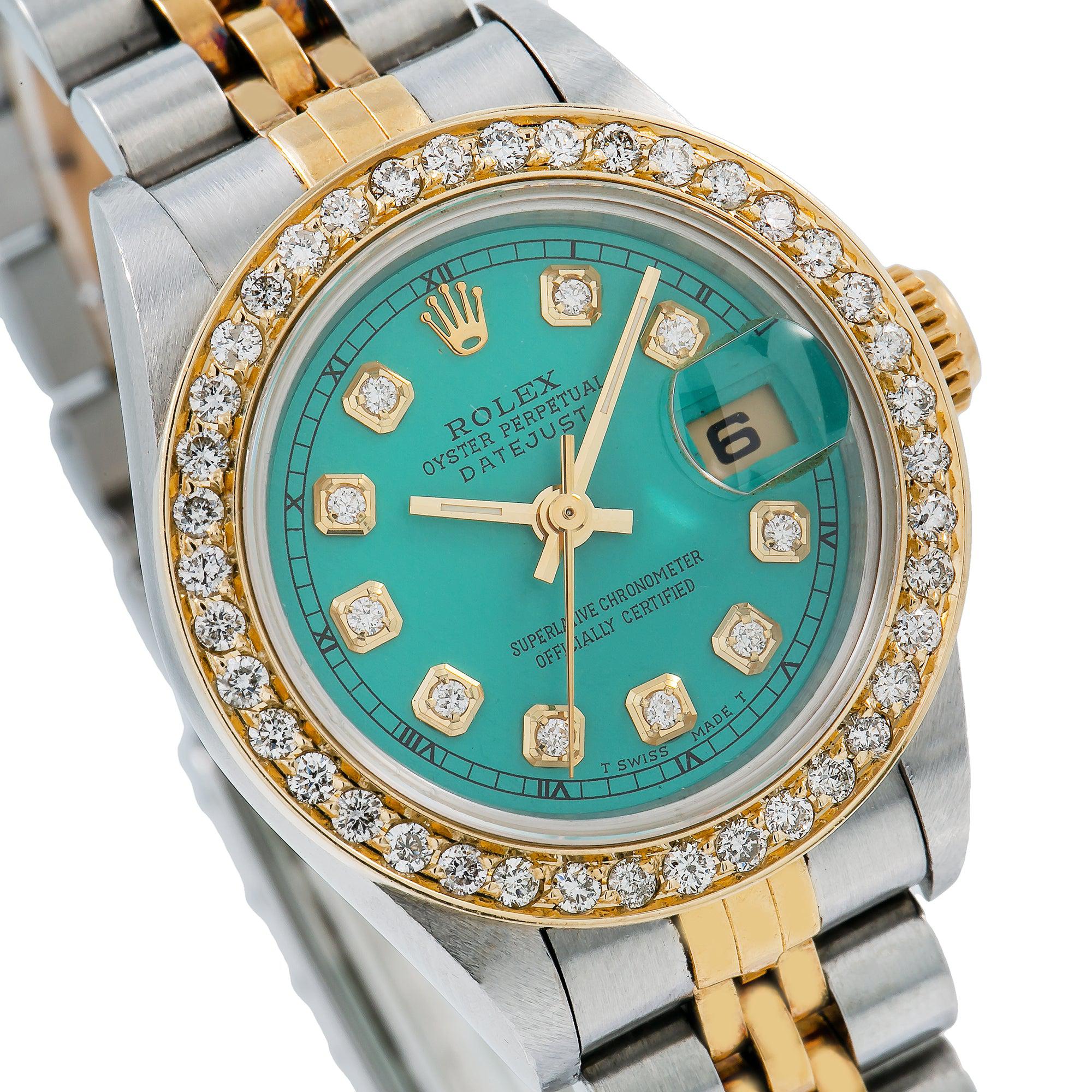 Rolex Datejust 26MM 6917 Turquoise Diamond Dial Diamond Bezel Two Tone Yellow Gold Jubilee Bracelet