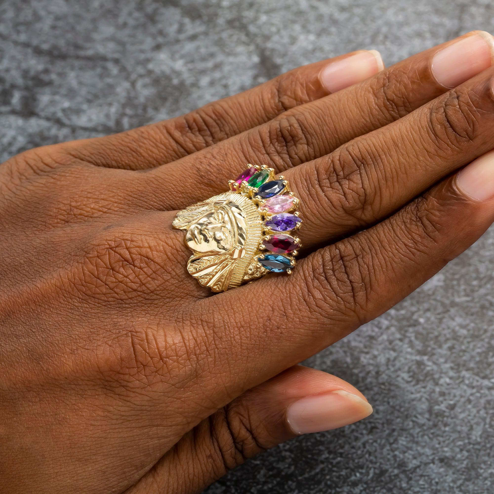 10K GOLD GEMSTONE NATIVE AMERICAN TRIBAL HEAD RING 7.3G