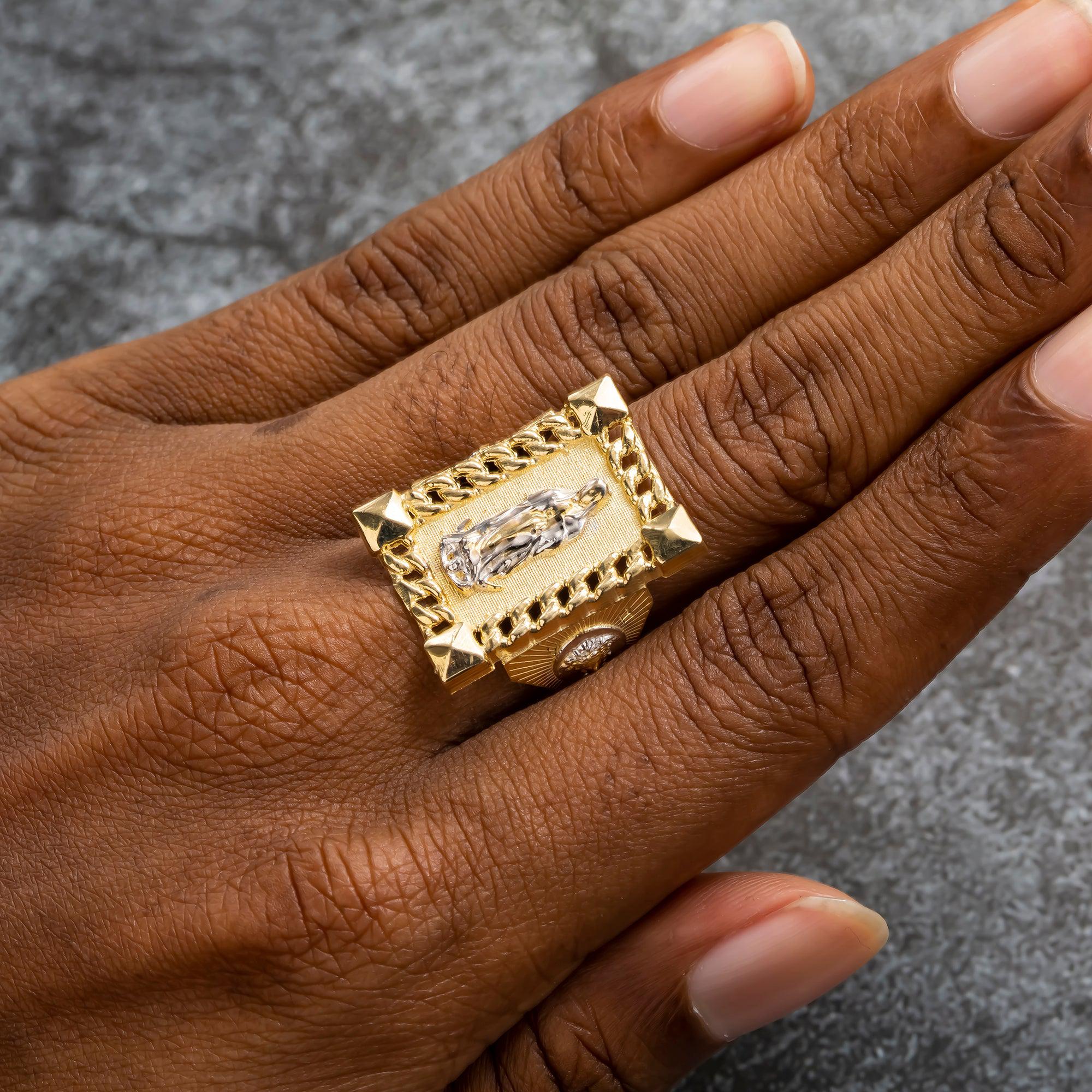 10K GOLD TWO TONE MOTHER MARY CUBAN LINK RECTANGLE RING 7.0G