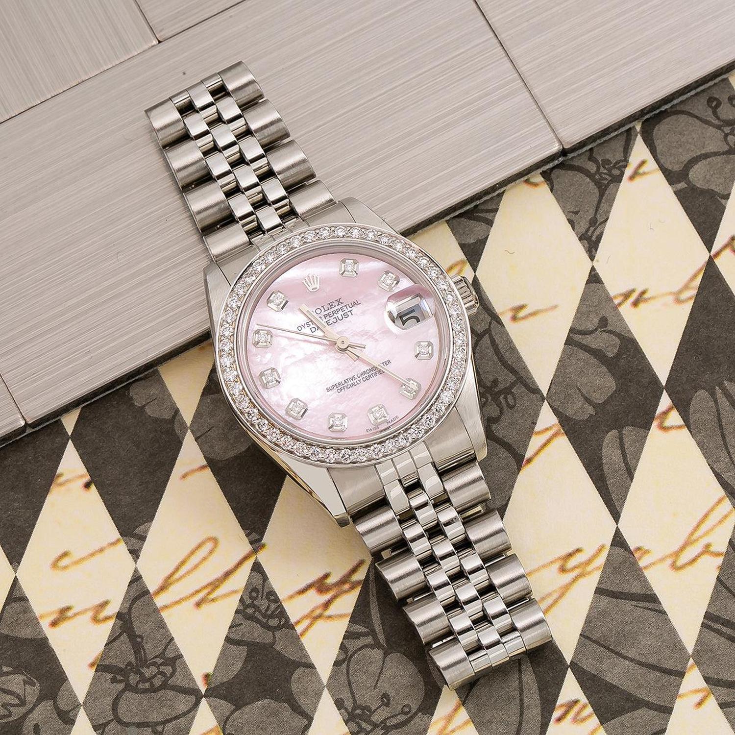 Rolex Datejust 31MM 68274 Pink Mother of Pearl Diamond Dial Diamond Bezel Stainless Steel Jubilee Bracelet 1.05ct