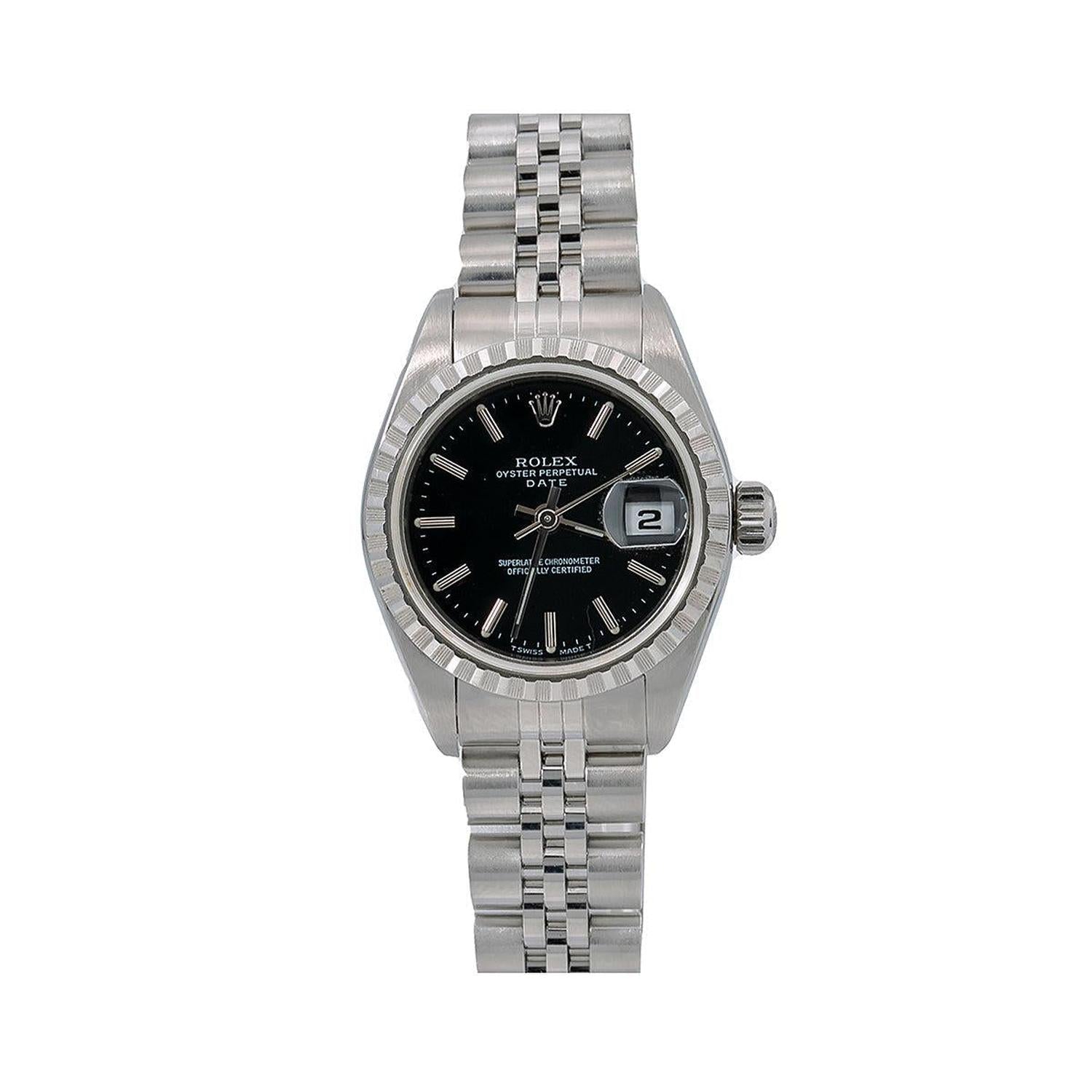 Rolex Date 26MM 6924 Black Dial Engine Turned Bezel Stainless Steel Jubilee Bracelet