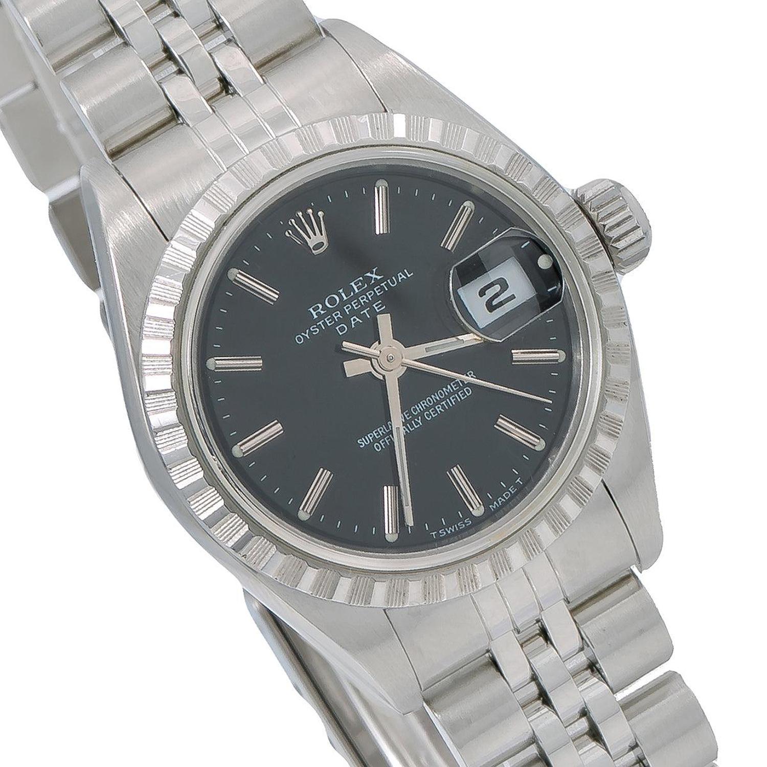 Rolex Date 26MM 6924 Black Dial Engine Turned Bezel Stainless Steel Jubilee Bracelet