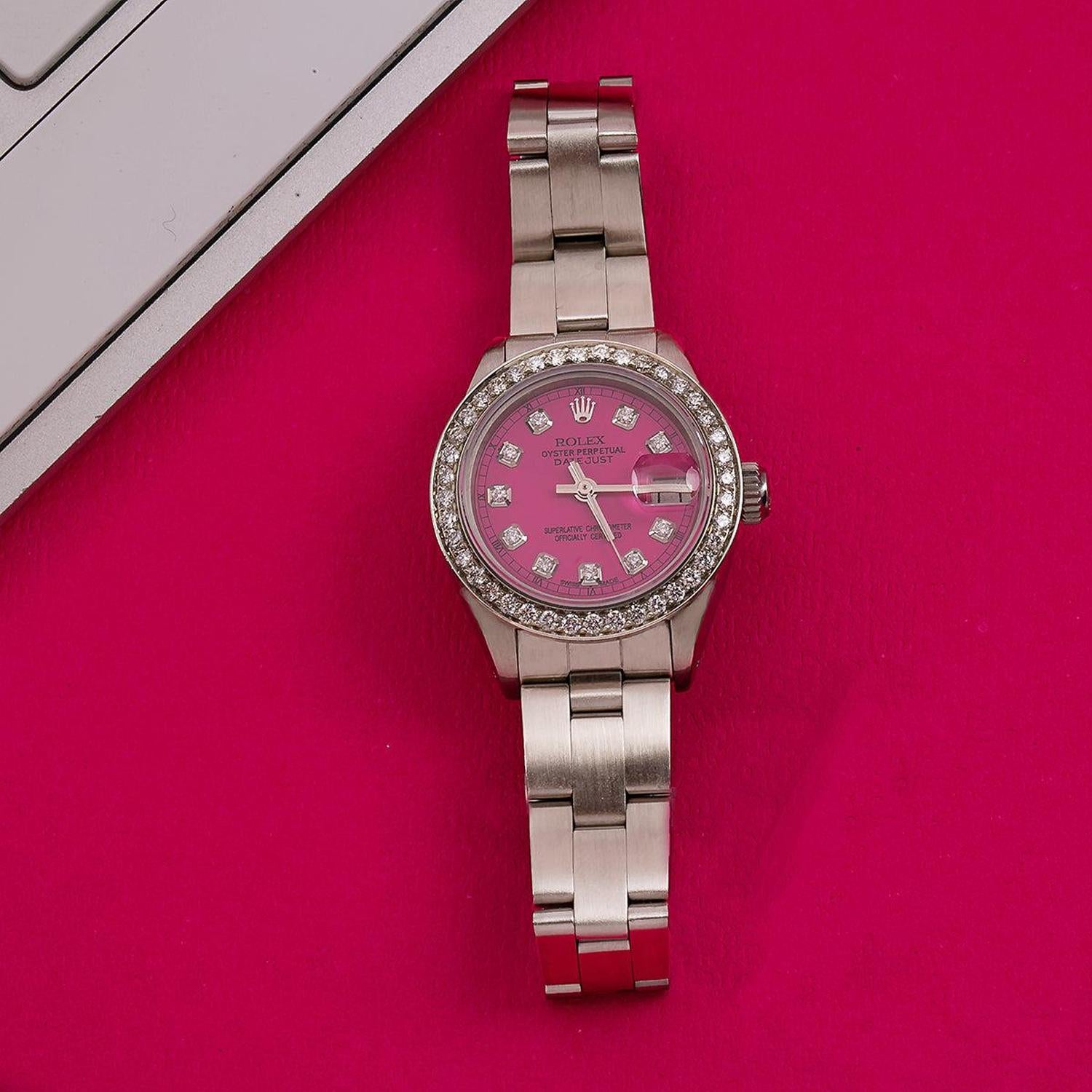 Rolex Datejust 26MM 69160 Pink Diamond Dial Diamond Bezel Stainless Steel Oyster Bracelet 0.9ct
