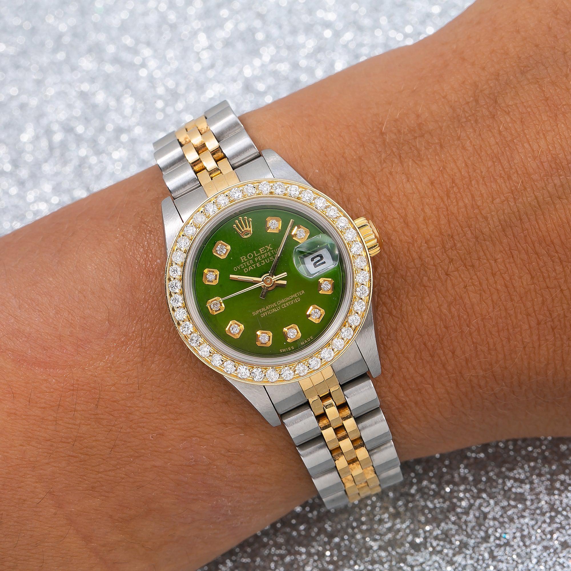 Rolex Datejust 26MM 6917 Green Diamond Dial Diamond Bezel Two Tone Jubilee Bracelet