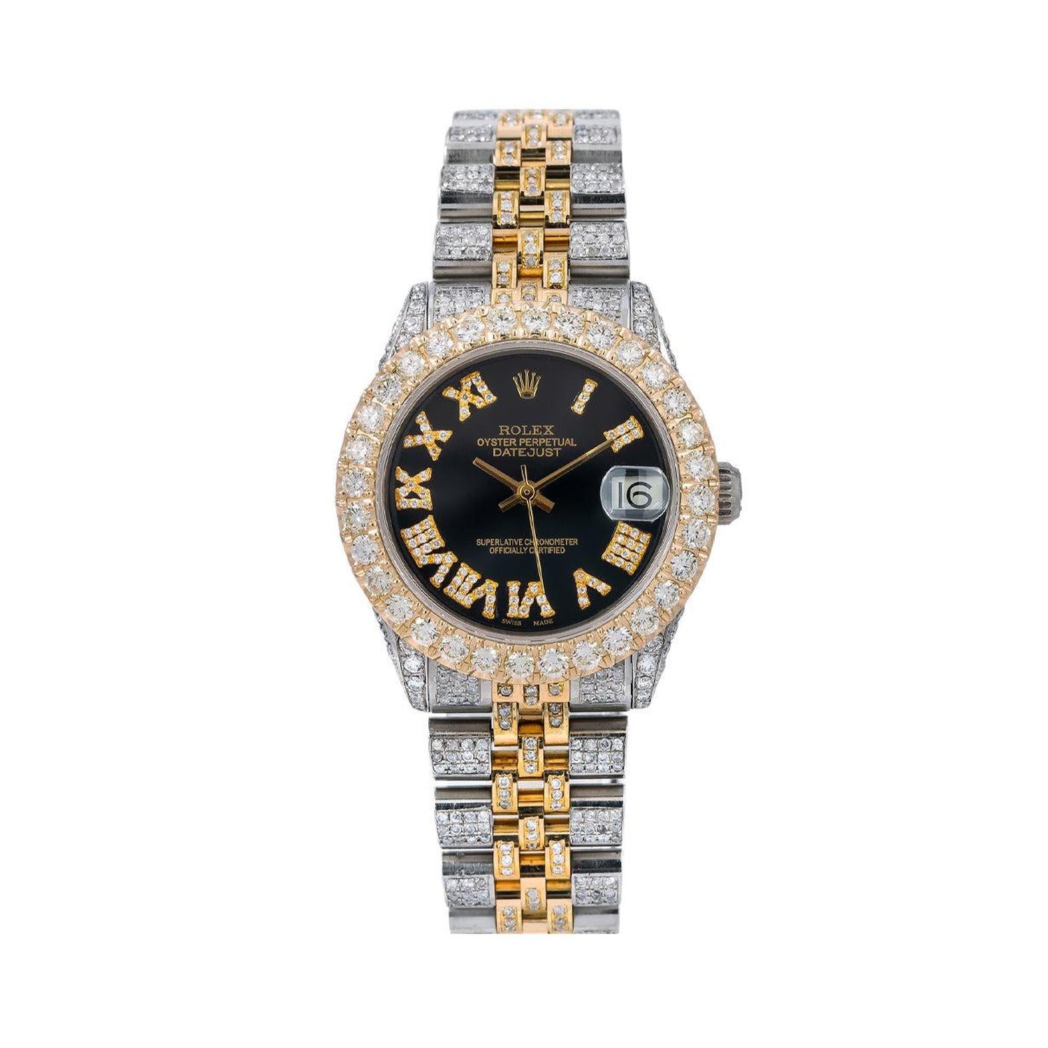 Rolex Datejust 31MM 6824 Black Roman Dial Diamond Bezel Two Tone Full Diamond Jubilee Bracelet