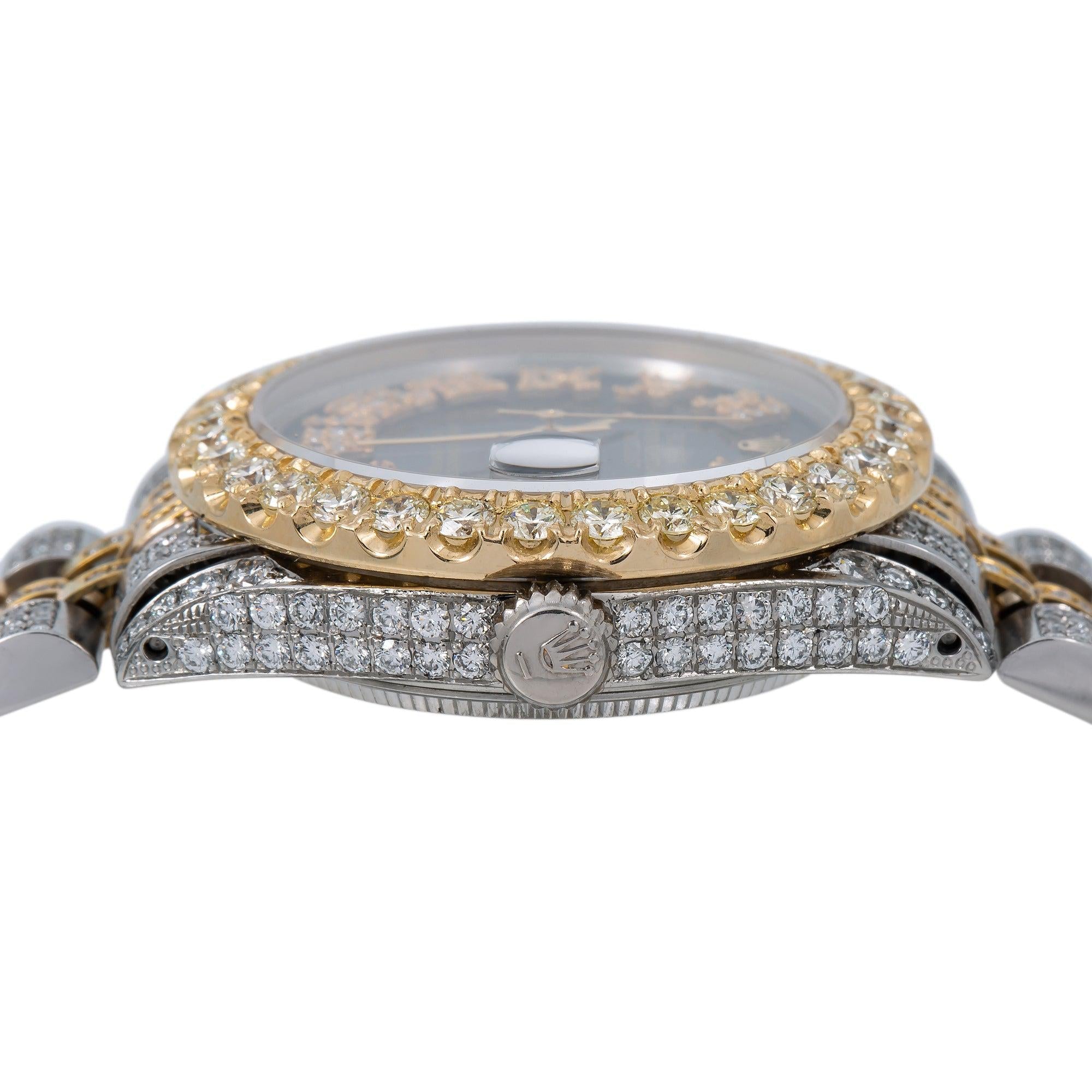 Rolex Datejust 31MM 6824 Black Roman Diamond Dial Diamond Bezel Two Tone Yellow Gold Full Diamond Jubilee Bracelet