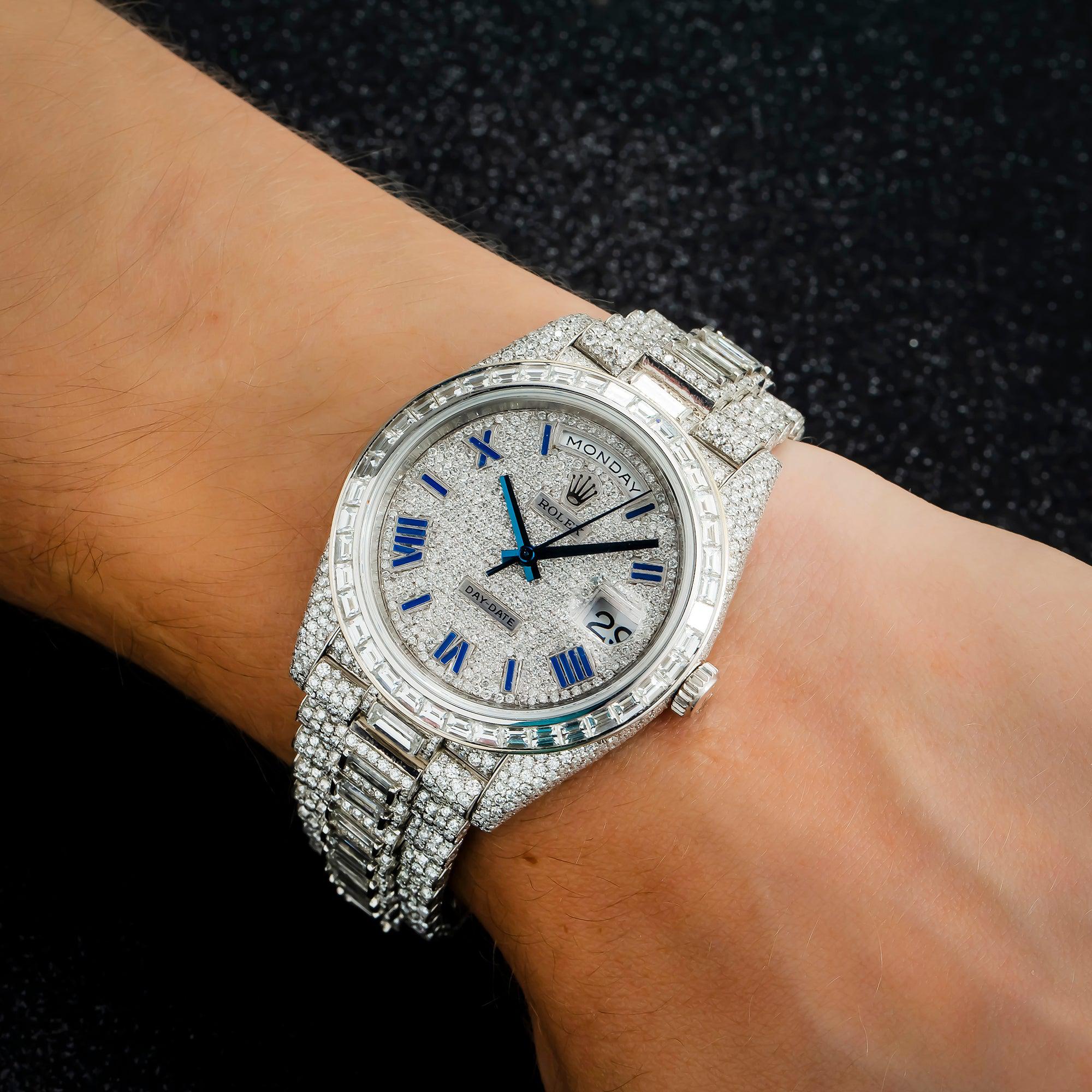 Rolex Day-Date 40MM 228206 Diamond Paved Blue Roman Dial Diamond Bezel 18K White Gold Full Diamond President Bracelet