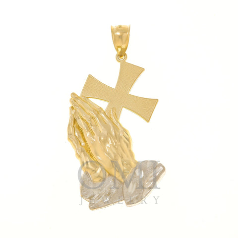 10K GOLD TWO TONE PRAYING HANDS WITH CROSS PENDANT 5.5G