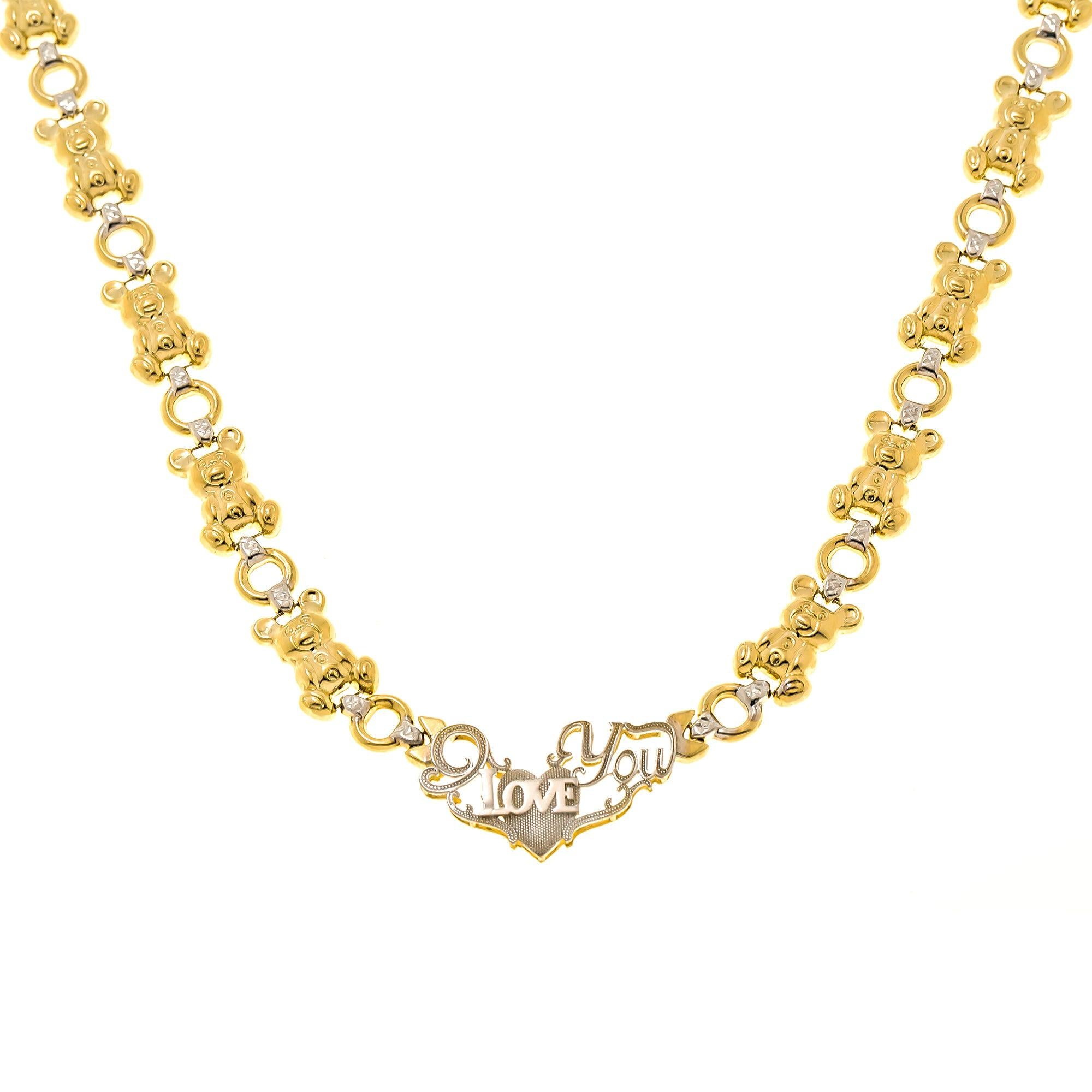 10K GOLD TWO TONE SOLID TEDDY BEAR AND HEART I LOVE YOU CHAIN