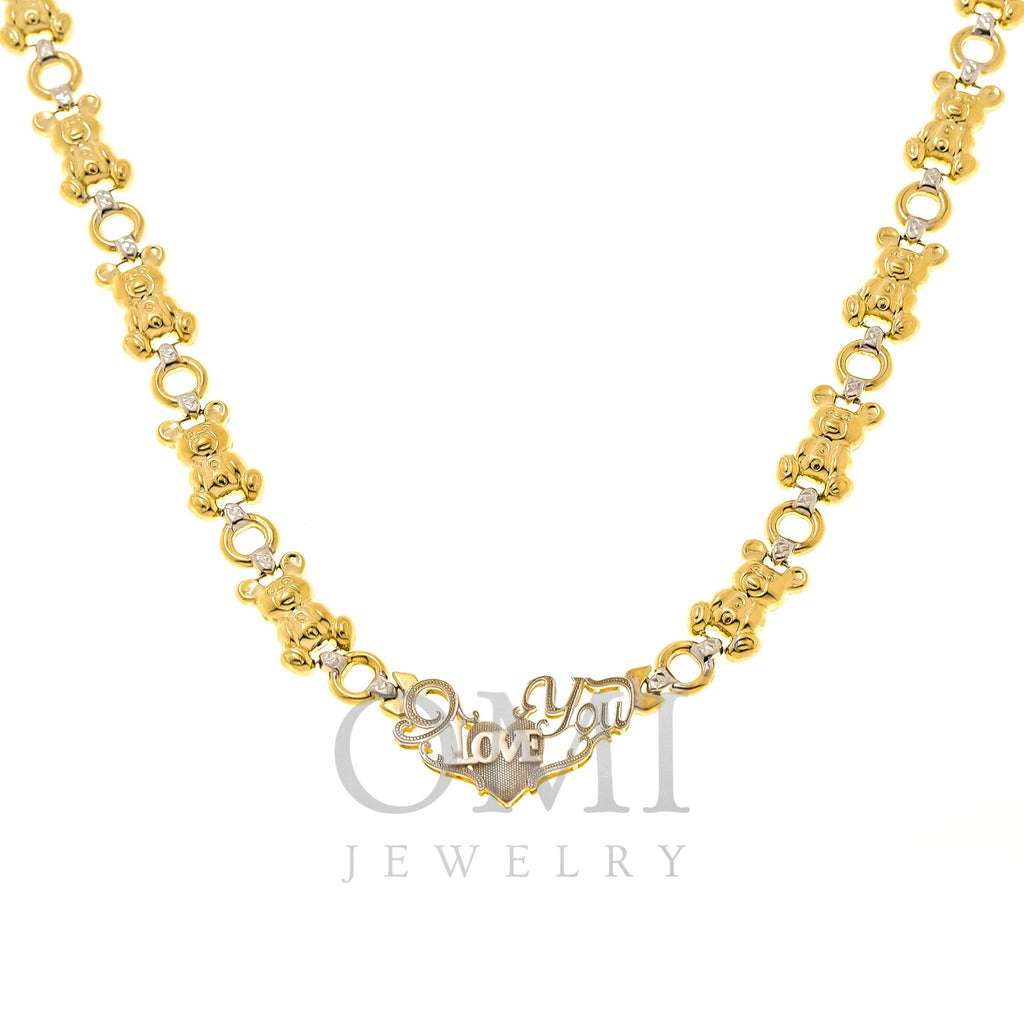 10K GOLD TWO TONE SOLID TEDDY BEAR AND HEART I LOVE YOU CHAIN