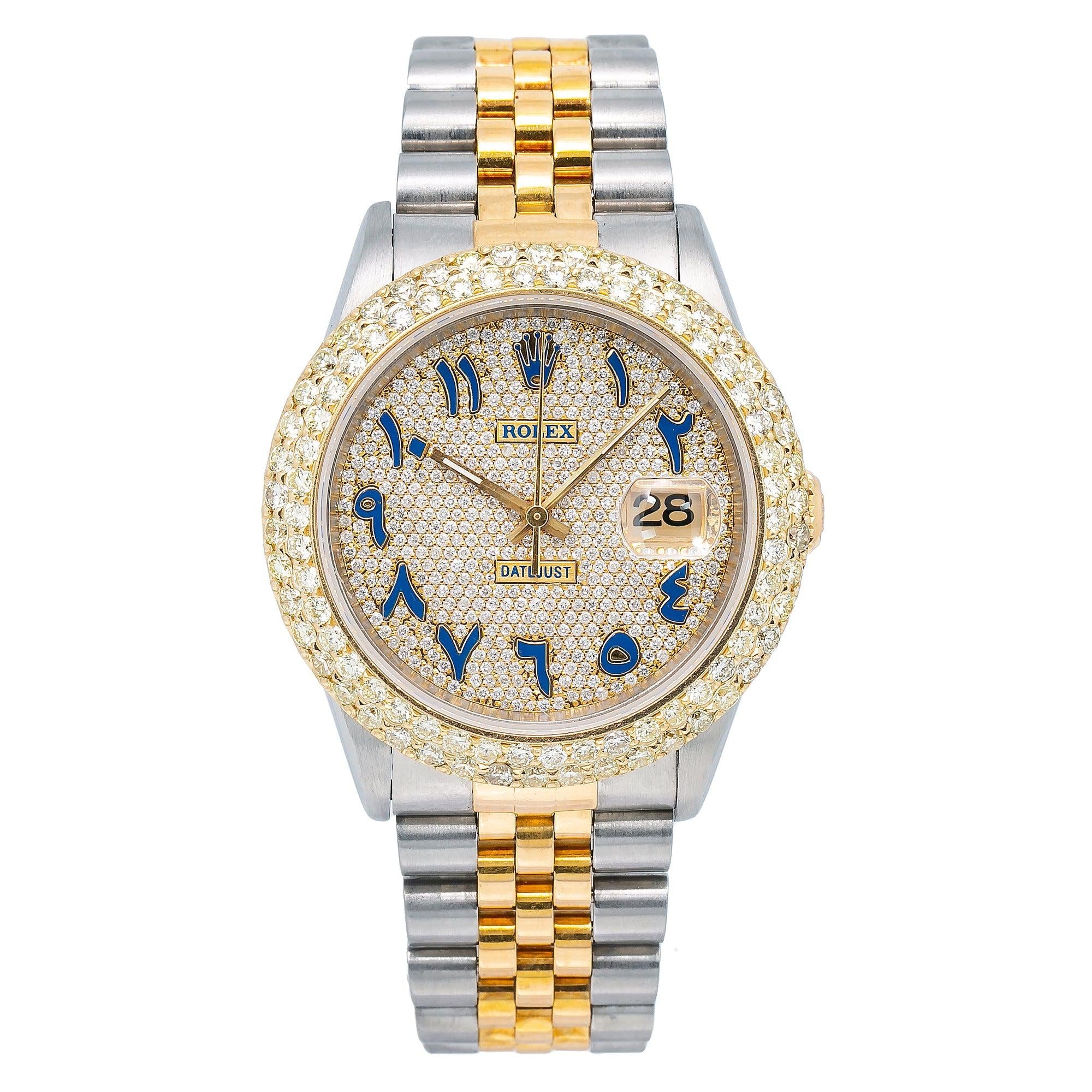Rolex Datejust 36MM 16013 Diamond Paved Blue Eastern Arabic Dial Diamond Bezel Two Tone Yellow Gold Jubilee Bracelet 4.75ct