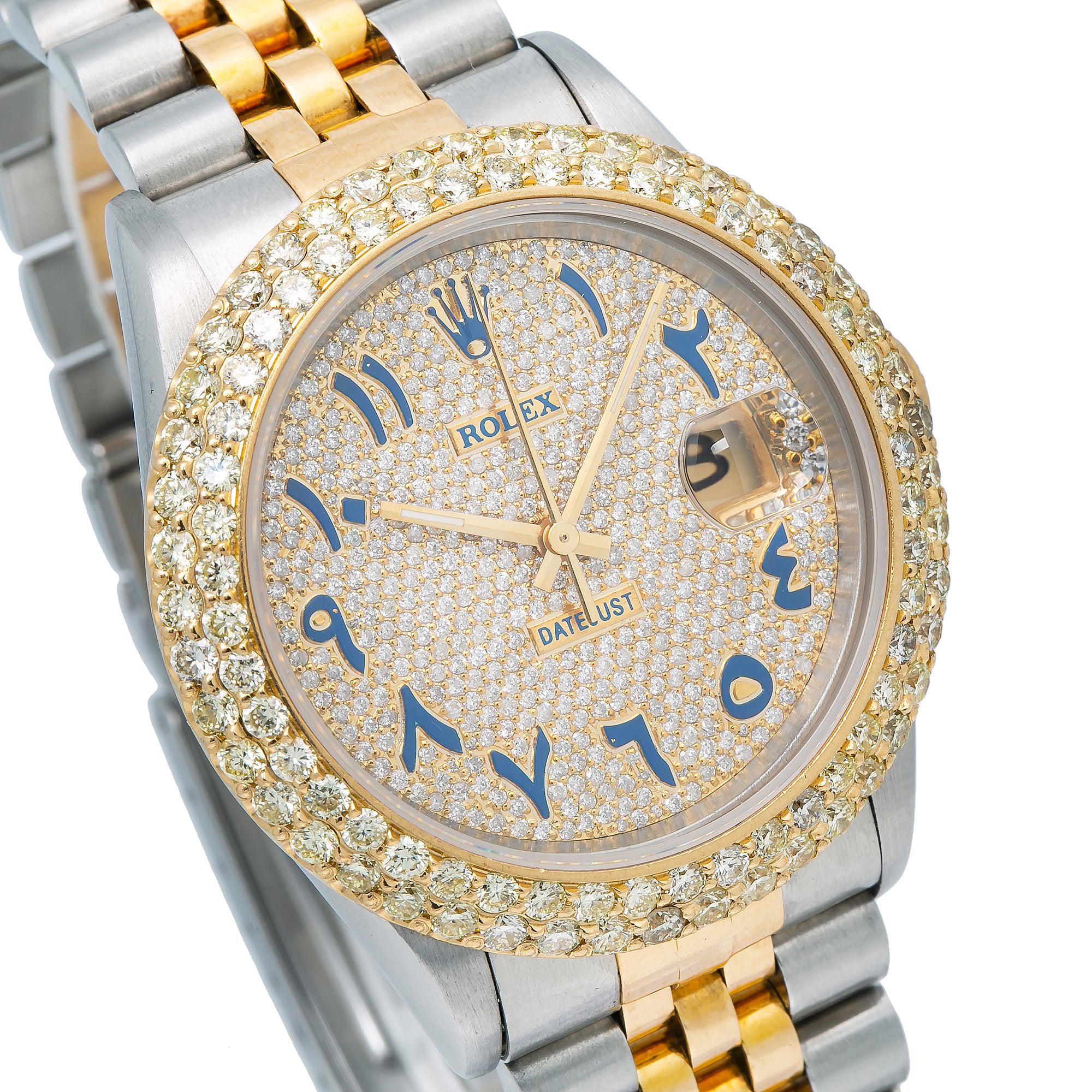 Rolex Datejust 36MM 16013 Diamond Paved Blue Eastern Arabic Dial Diamond Bezel Two Tone Yellow Gold Jubilee Bracelet 4.75ct