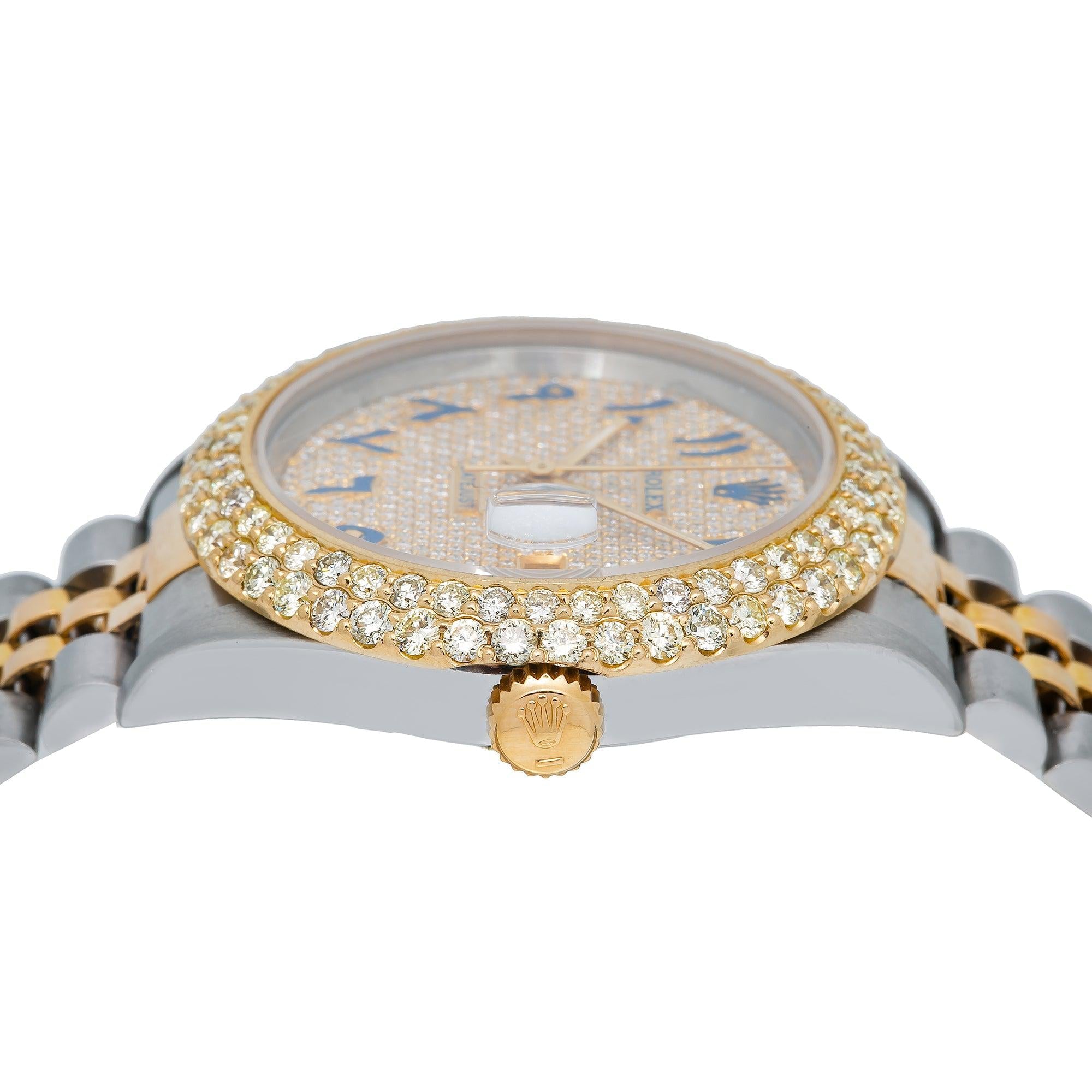 Rolex Datejust 36MM 16013 Diamond Paved Blue Eastern Arabic Dial Diamond Bezel Two Tone Yellow Gold Jubilee Bracelet 4.75ct