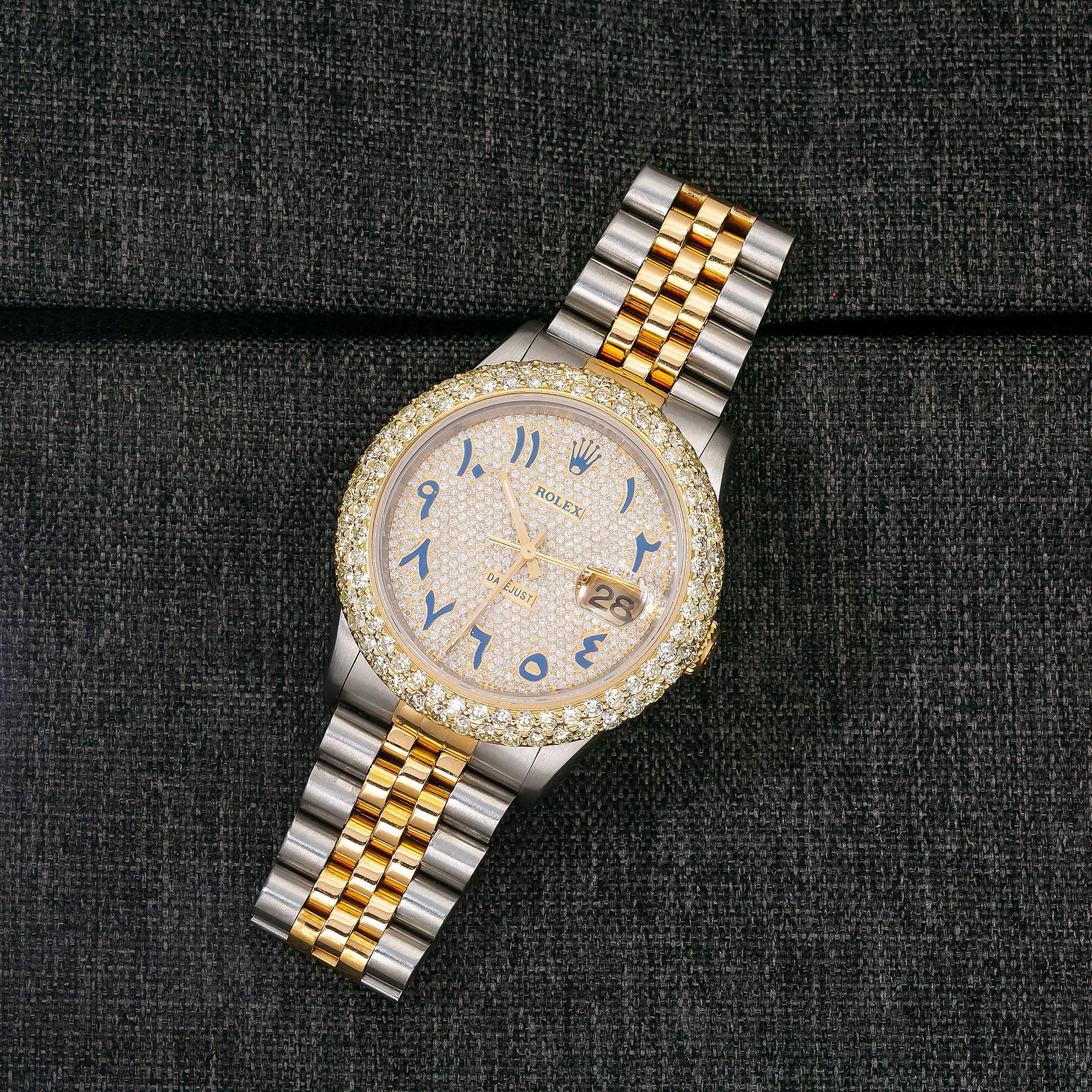 Rolex Datejust 36MM 16013 Diamond Paved Blue Eastern Arabic Dial Diamond Bezel Two Tone Yellow Gold Jubilee Bracelet 4.75ct