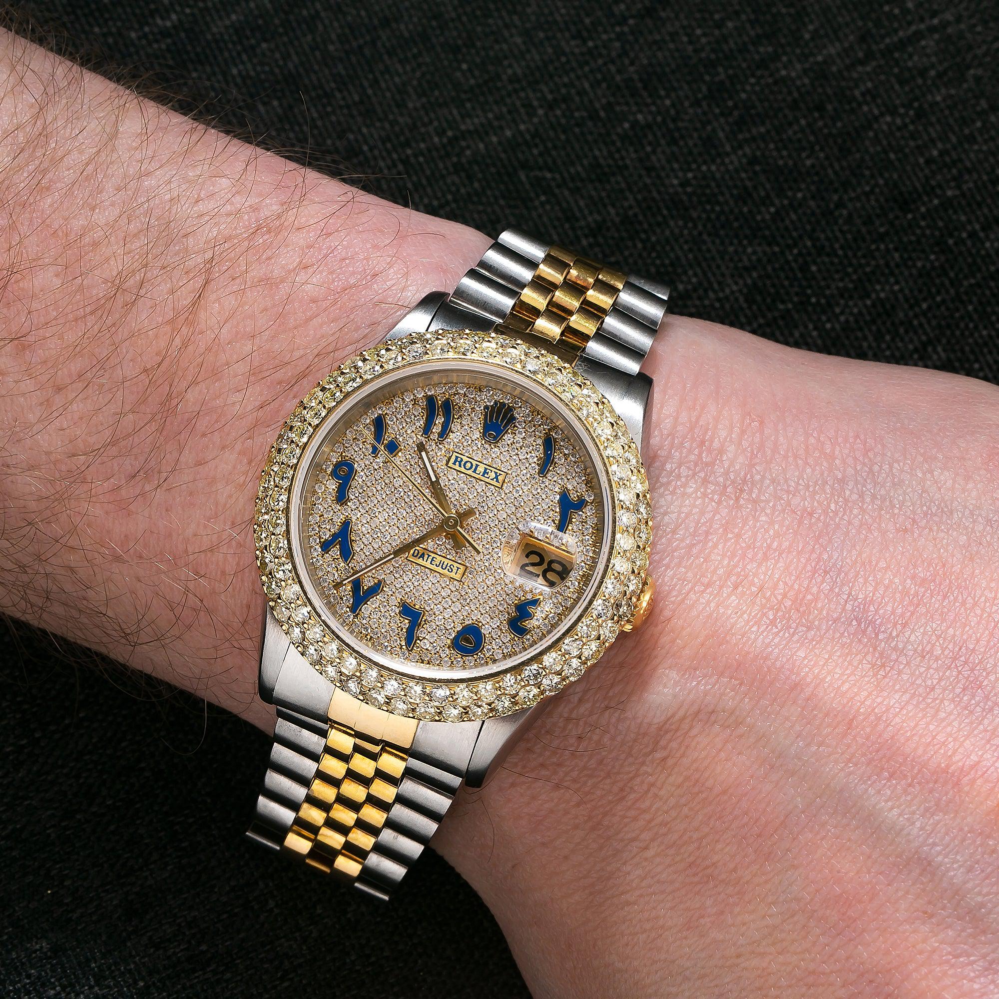 Rolex Datejust 36MM 16013 Diamond Paved Blue Eastern Arabic Dial Diamond Bezel Two Tone Yellow Gold Jubilee Bracelet 4.75ct