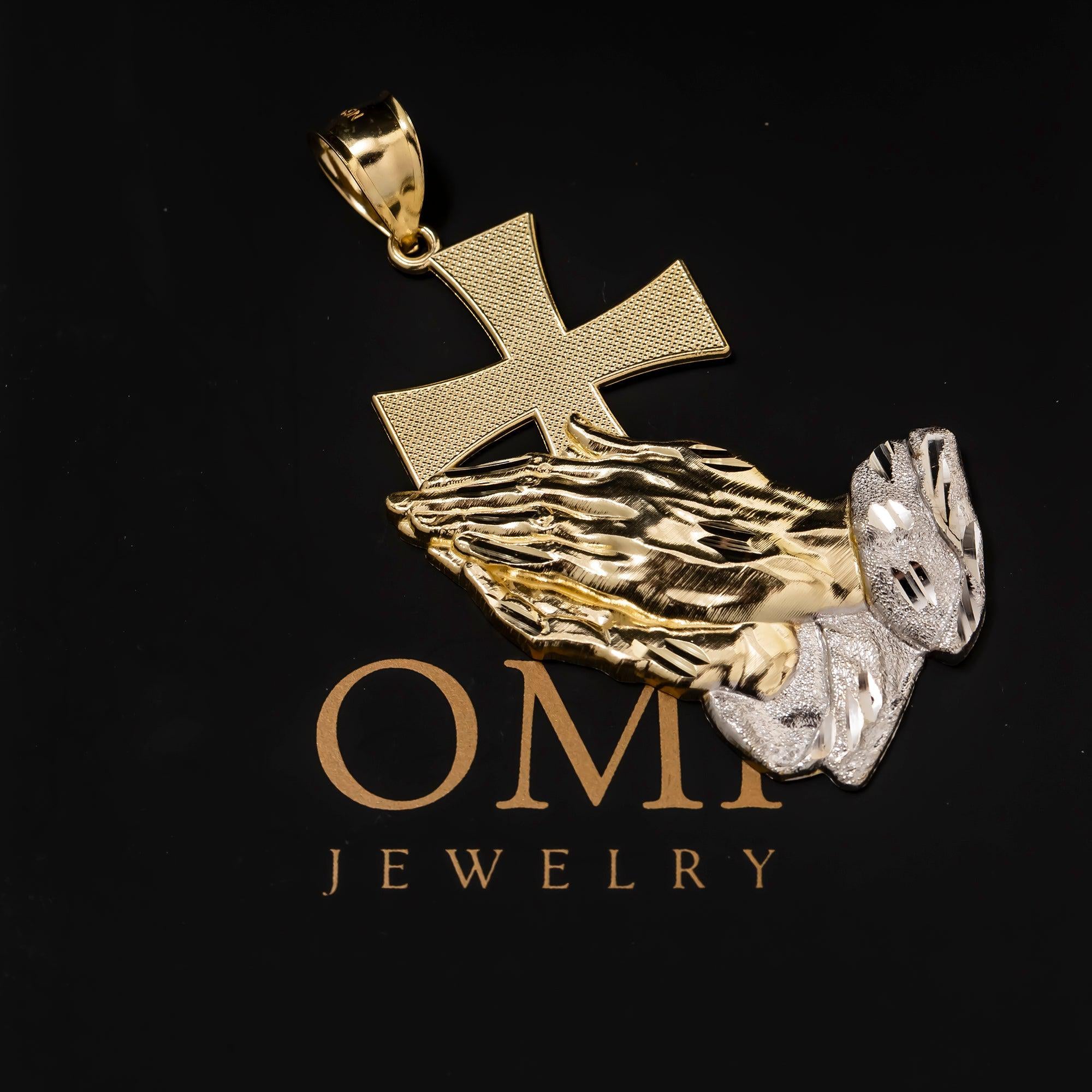 10K GOLD TWO TONE PRAYING HANDS WITH CROSS PENDANT 5.5G
