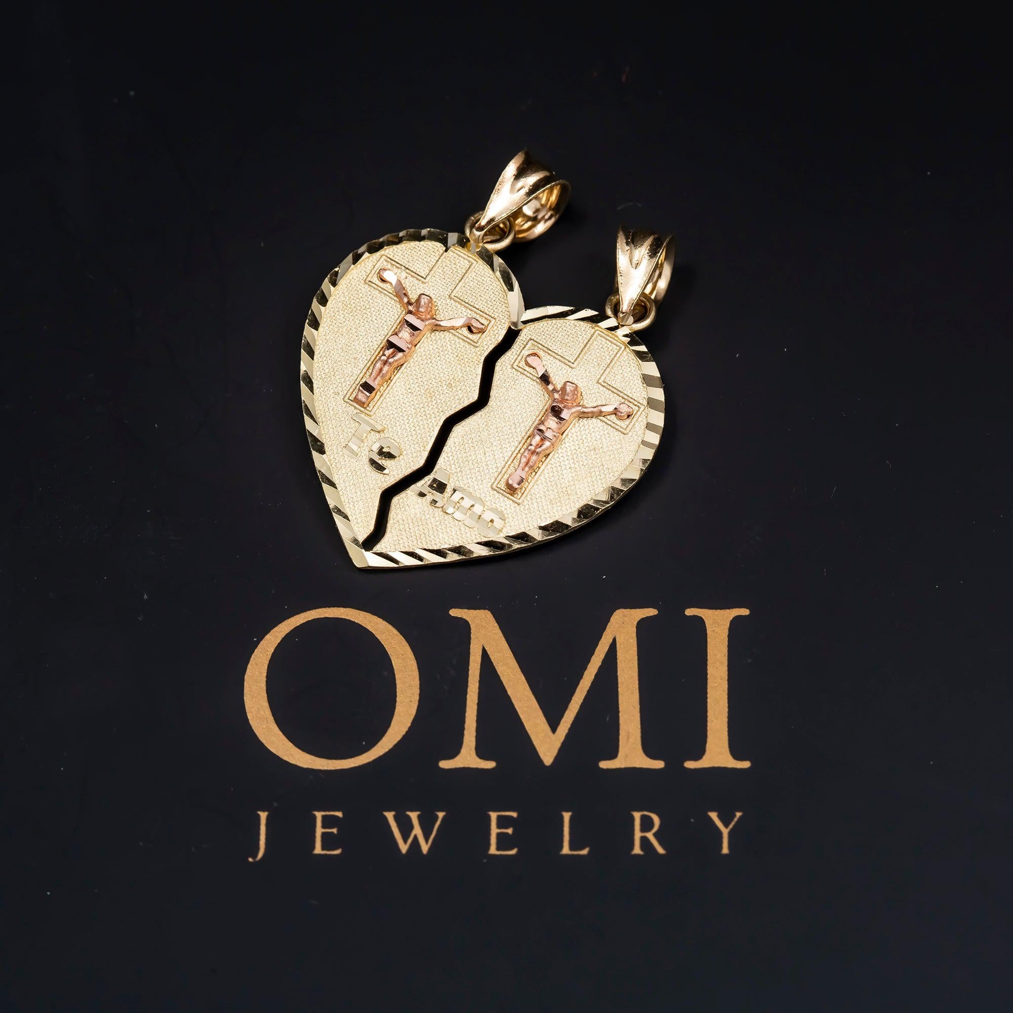 10K GOLD TWO TONE CRUCIFIX TE AMO BROKEN HEART PENDANT 2.8G