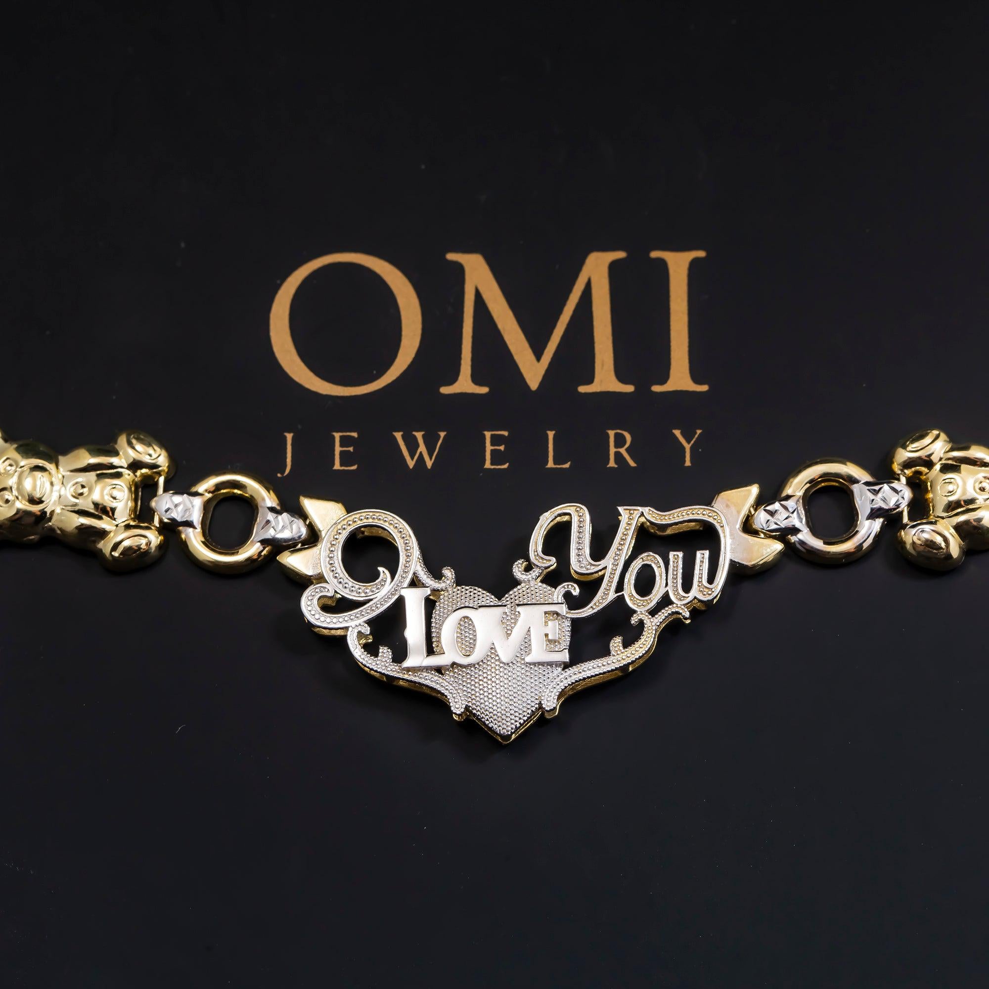 10K GOLD TWO TONE SOLID TEDDY BEAR AND HEART I LOVE YOU CHAIN
