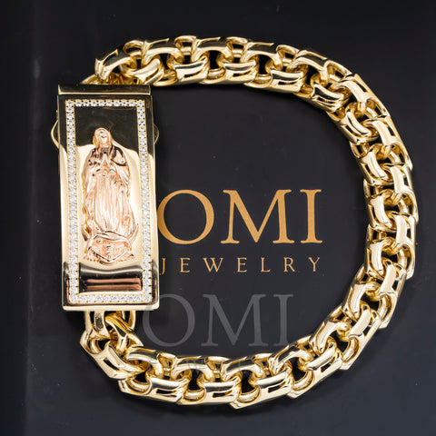 10K GOLD TWO TONE CHINO LINK CHAIN MOTHER MARY ID BRACELET 31.0G WITH DIAMONDS