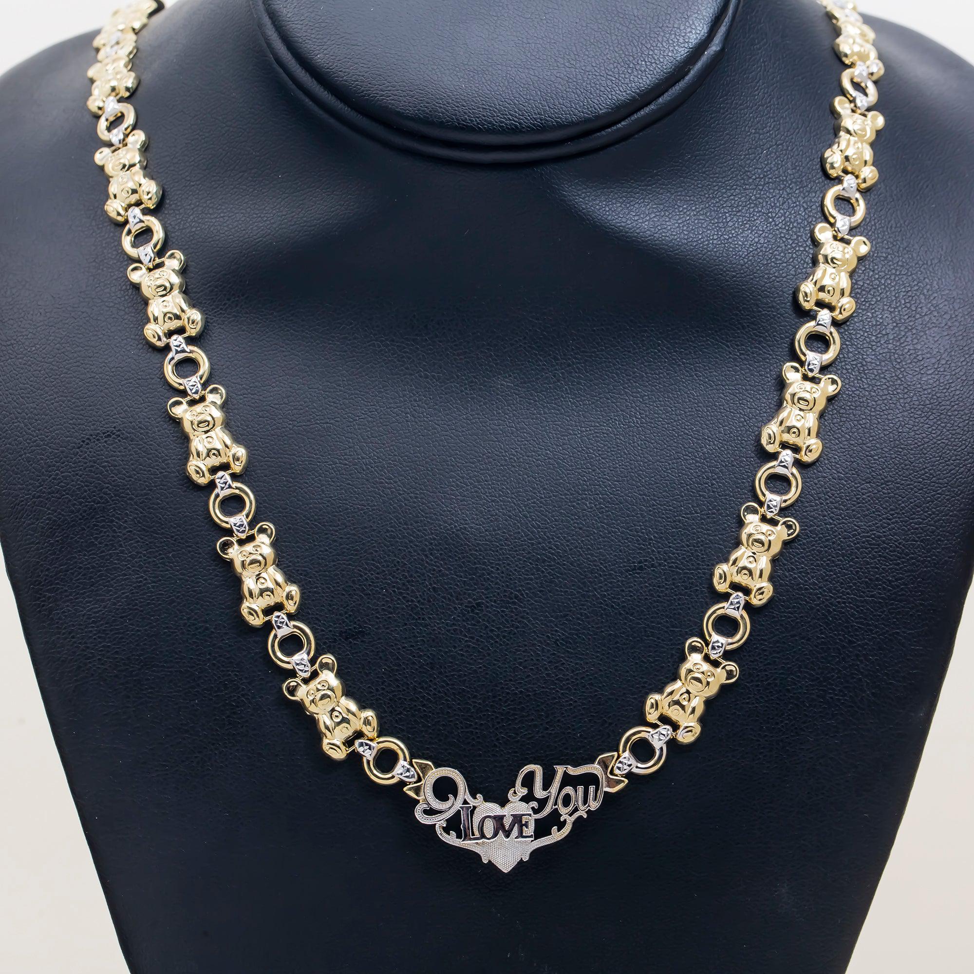 10K GOLD TWO TONE SOLID TEDDY BEAR AND HEART I LOVE YOU CHAIN