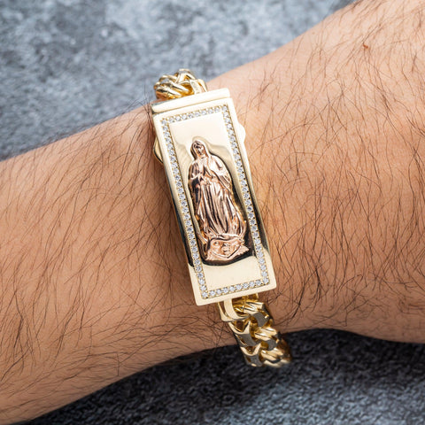 10K GOLD TWO TONE CHINO LINK CHAIN MOTHER MARY ID BRACELET 31.0G WITH DIAMONDS