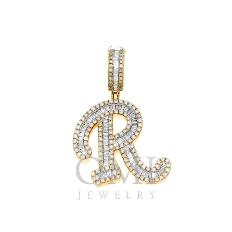 10K GOLD BAGUETTE AND ROUND DIAMOND INITIAL R PENDANT 0.50 CT