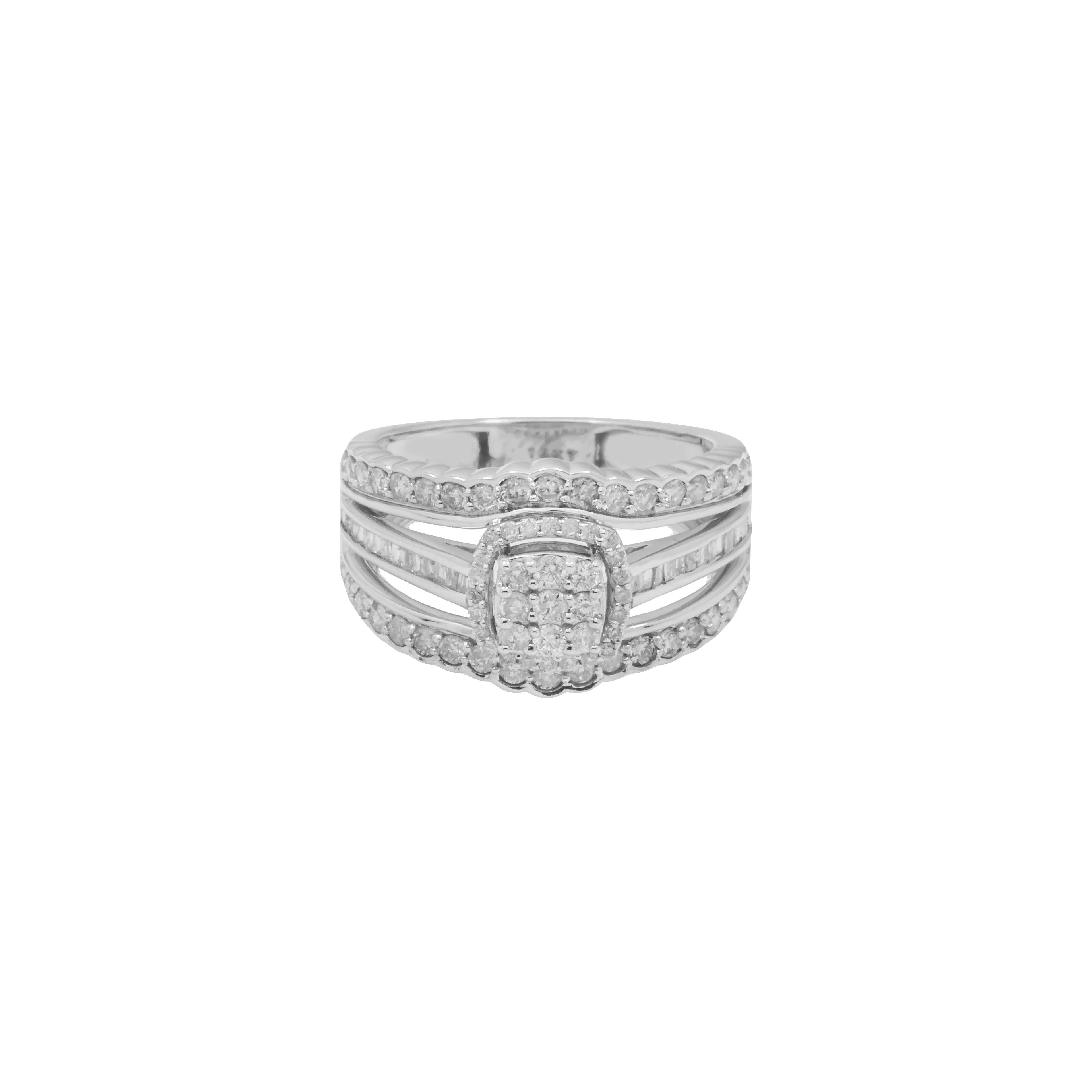 14K GOLD ROUND AND BAGUETTE DIAMOND HALO ENGAGEMENT RING 1.12 CT