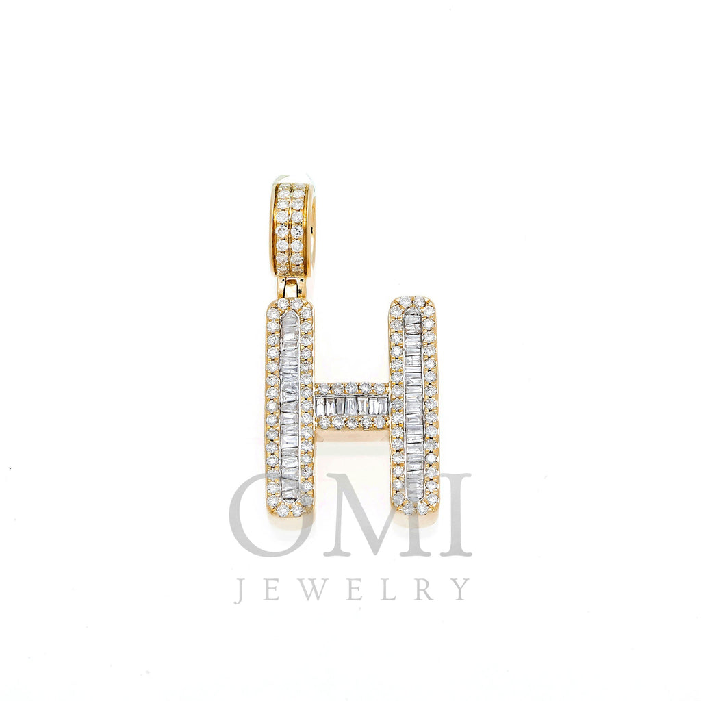 10K GOLD BAGUETTE AND ROUND DIAMOND INITIAL H PENDANT 1.50 CT