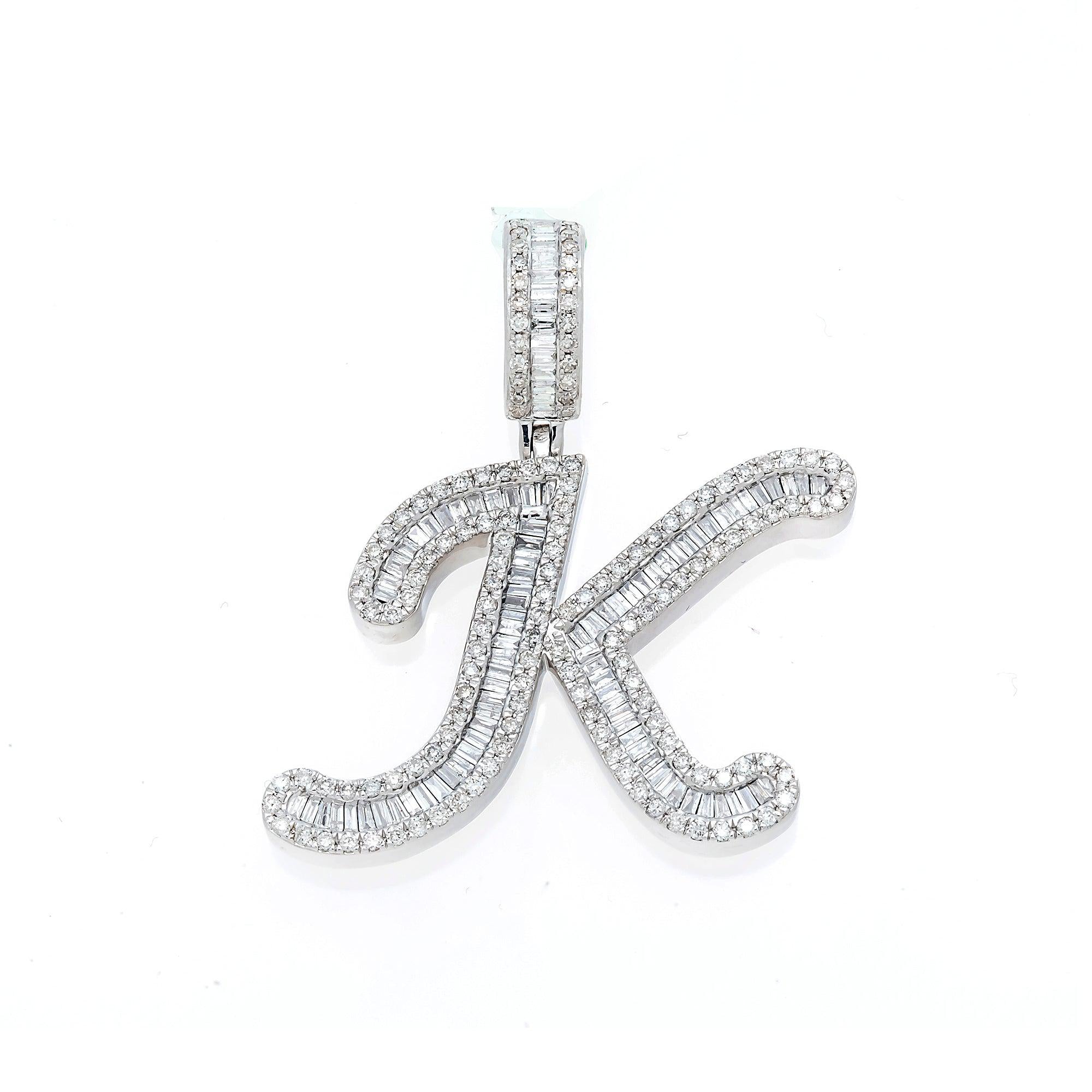 10K GOLD BAGUETTE AND ROUND DIAMOND INITIAL K PENDANT 0.50 CT OMI Jewelry