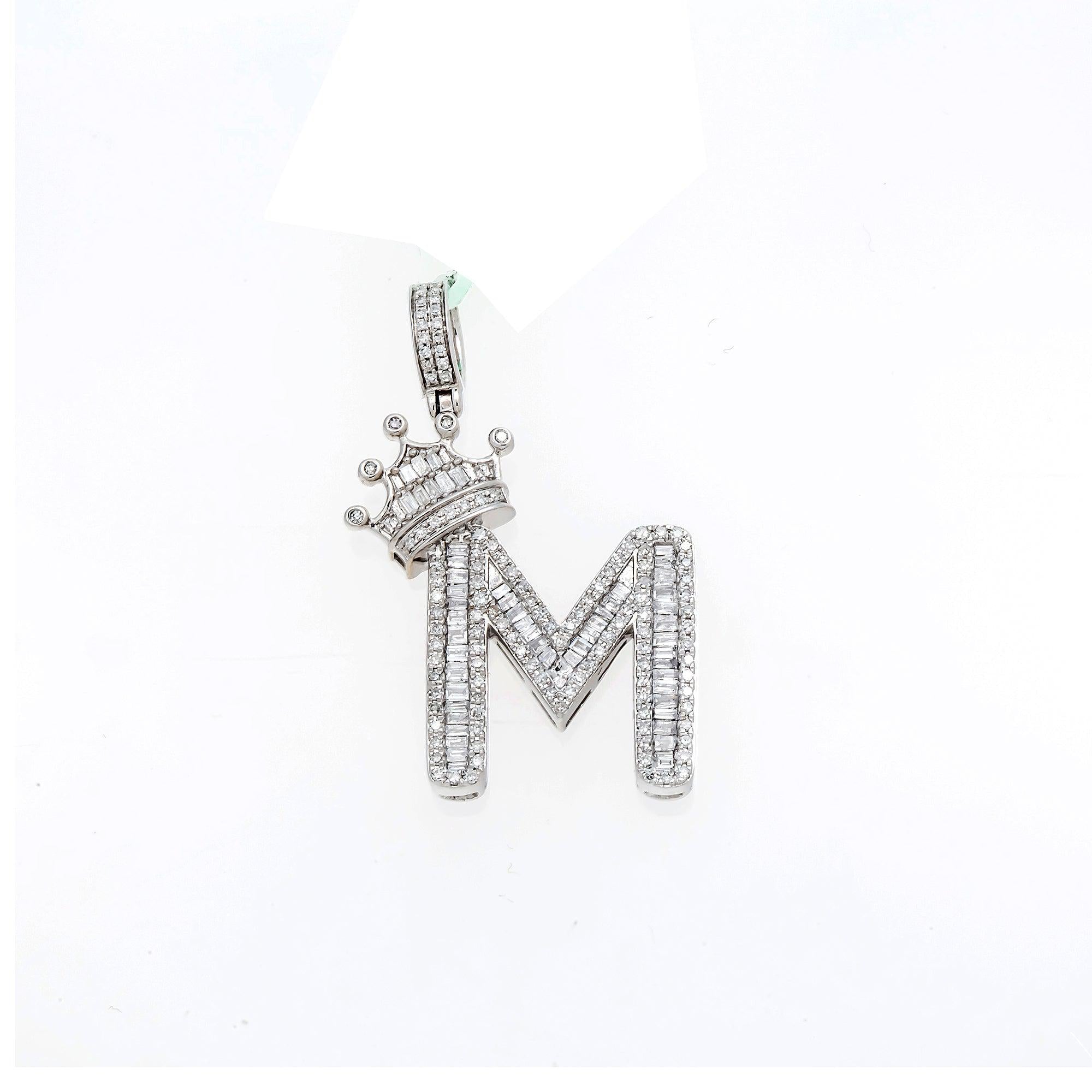 10K GOLD BAGUETTE DIAMOND INITIAL M WITH CROWN PENDANT 0.69 CT