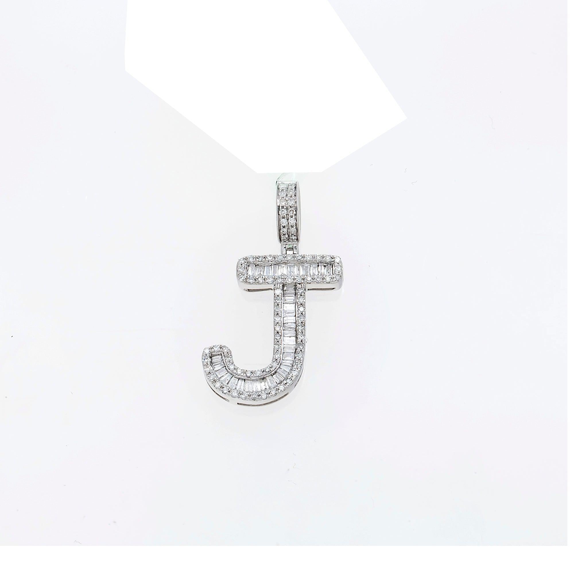 10K GOLD BAGUETTE AND ROUND DIAMOND INITIAL J PENDANT 1.50 CT