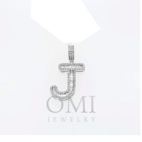 14K GOLD BAGUETTE AND ROUND DIAMOND INITIAL J PENDANT 1.60 CT