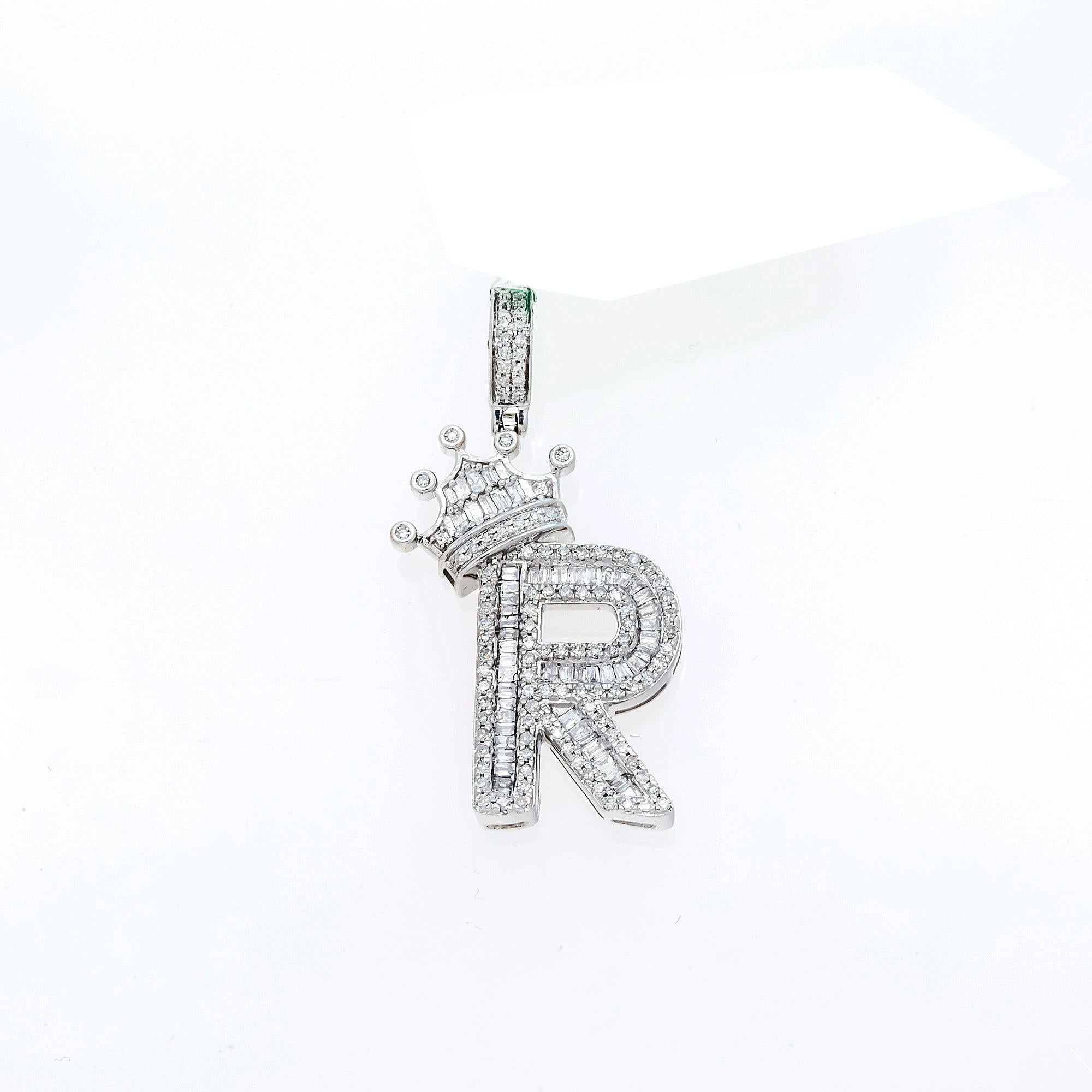 10K GOLD BAGUETTE DIAMOND INITIAL R WITH CROWN PENDANT 0.69 CT OMI