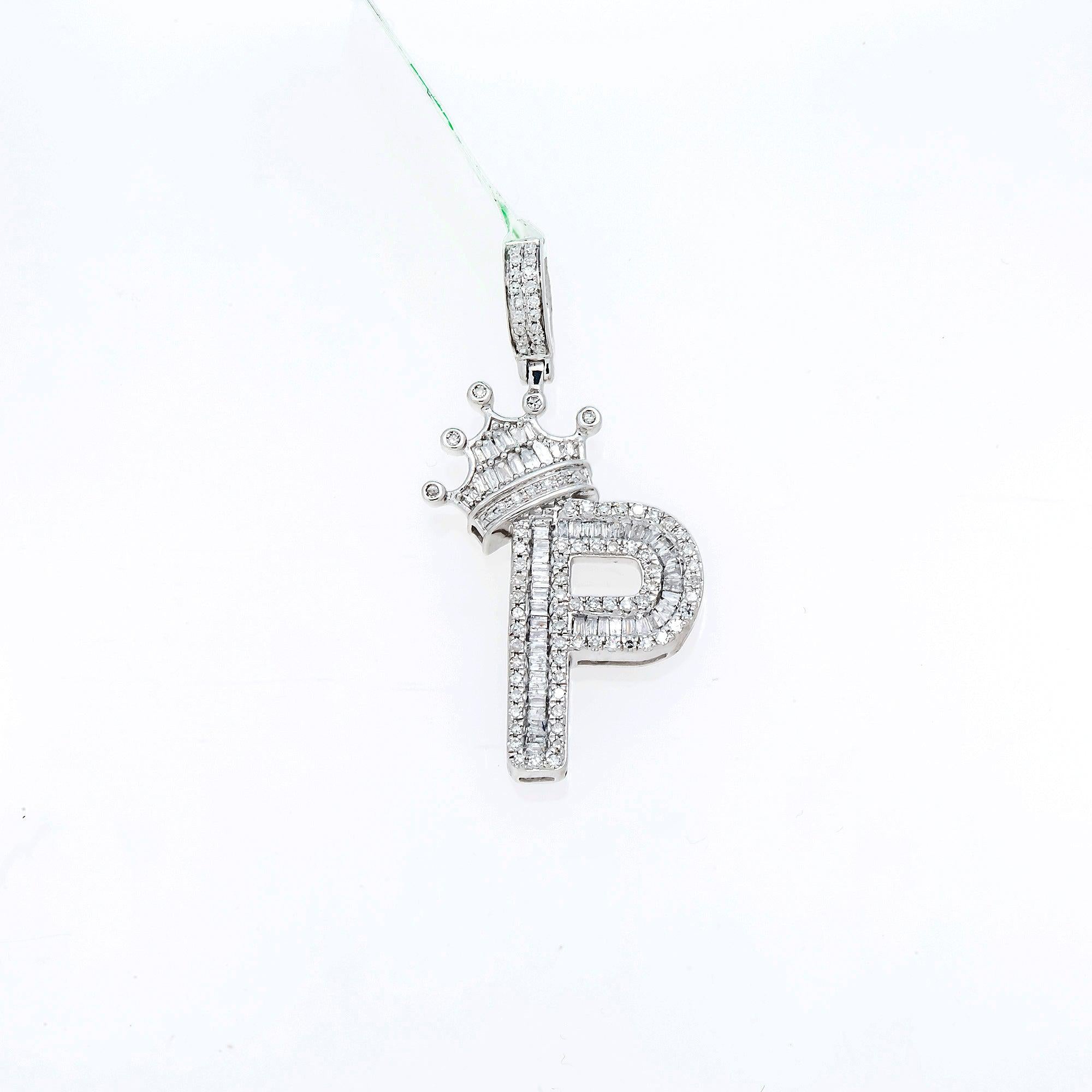 10K GOLD BAGUETTE DIAMOND INITIAL P WITH CROWN PENDANT 0.69 CT OMI