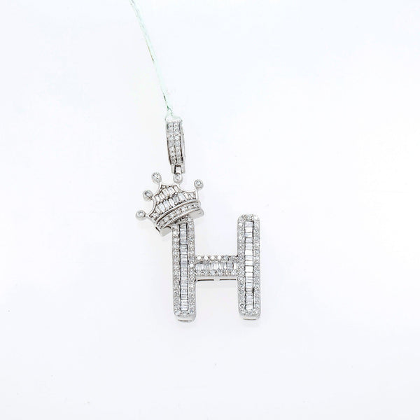 10K GOLD BAGUETTE DIAMOND INITIAL H WITH CROWN PENDANT 0.69 CT