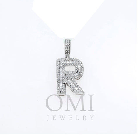 10K GOLD BAGUETTE AND ROUND DIAMOND INITIAL R PENDANT 1.50 CT