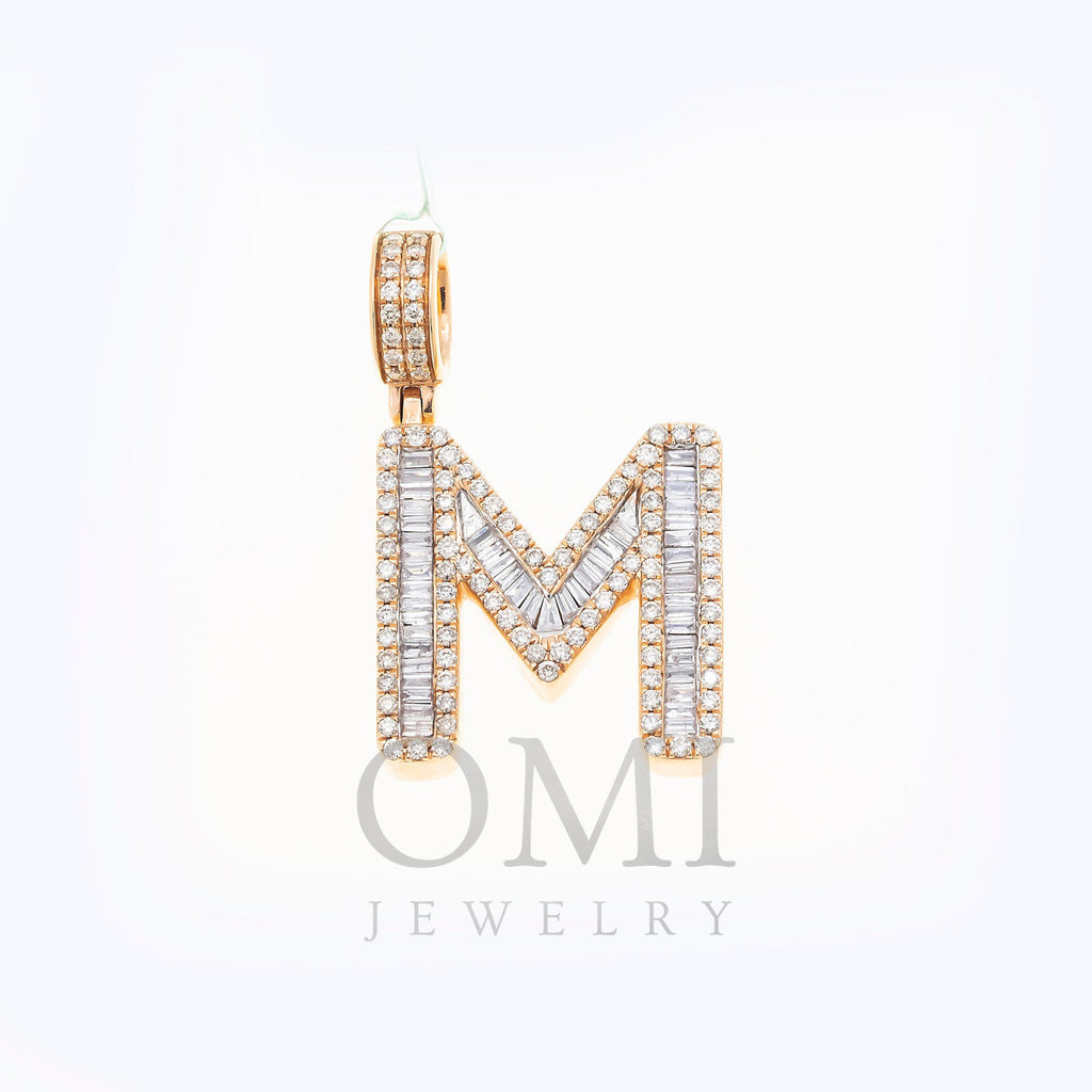 10K GOLD BAGUETTE AND ROUND DIAMOND INITIAL M PENDANT 1.50 CT